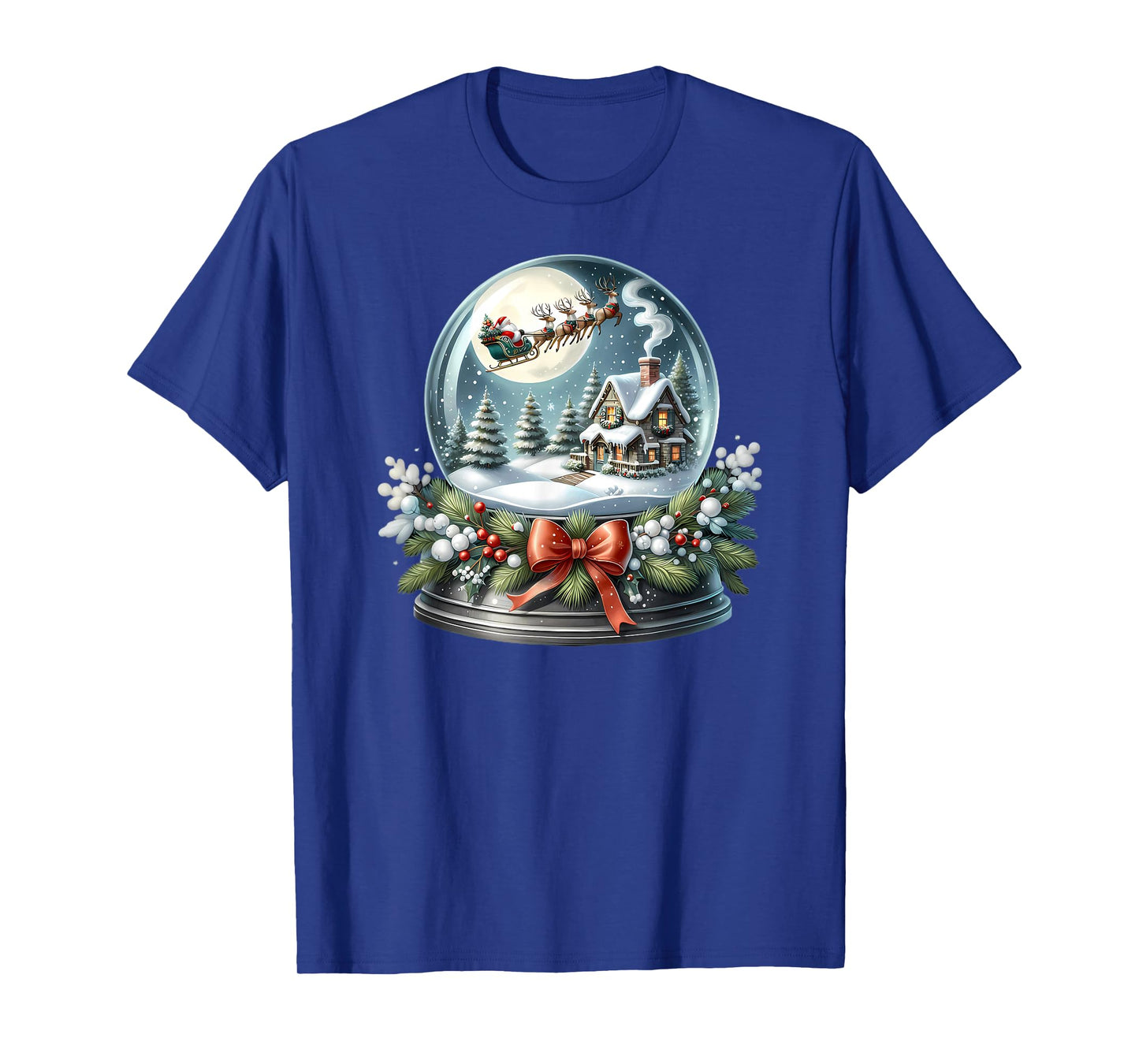 Santa Sleigh Over Cozy Snow Globe Scene T-Shirt