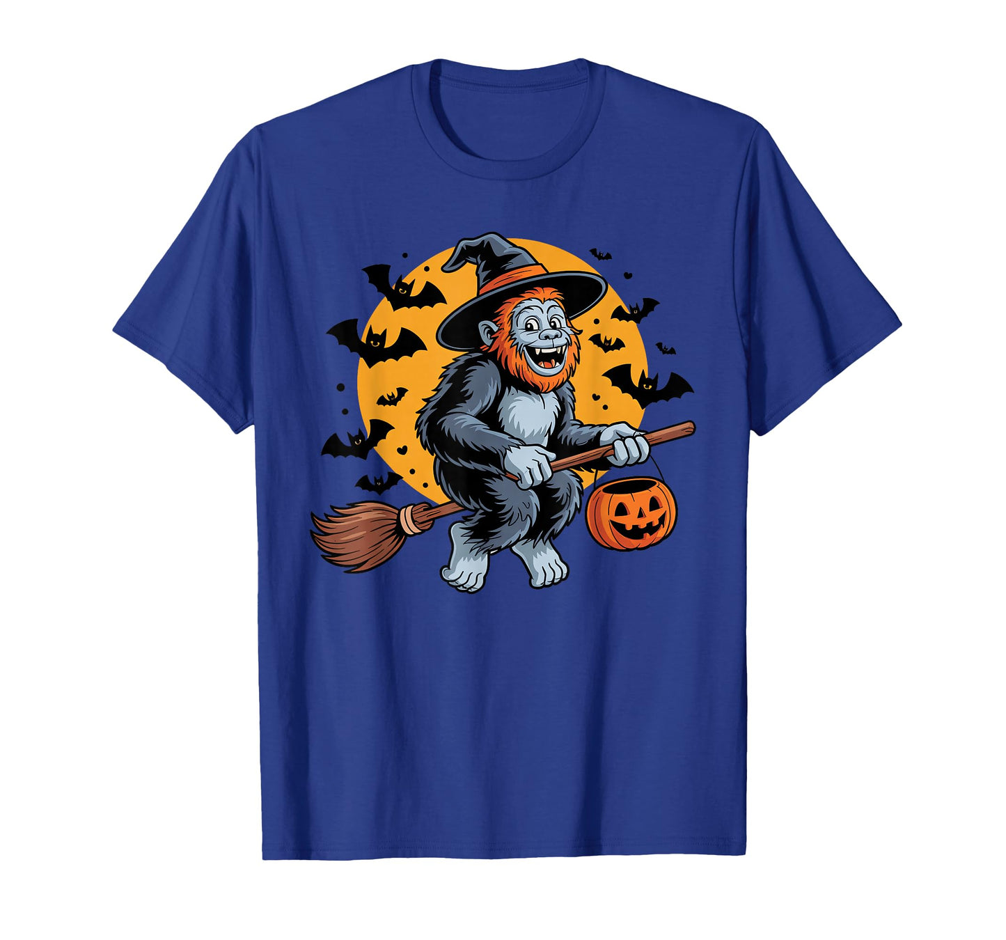 Cute Bigfoot Witch Riding Broom Halloween Pumpkin Kids Boys T-Shirt