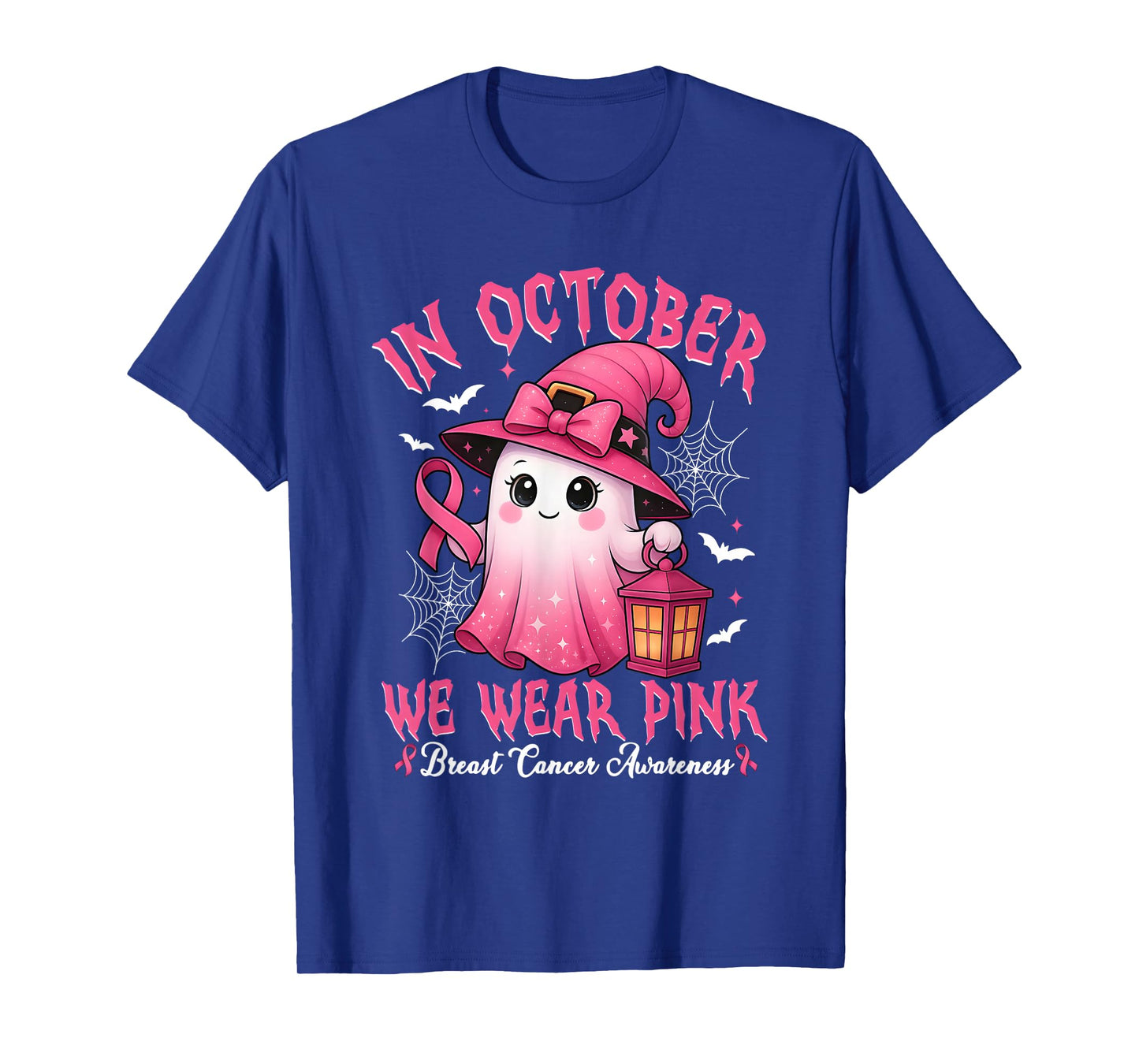 in October We Wear Pink Ghost Witch Breast Cancer Awareness T-Shirt