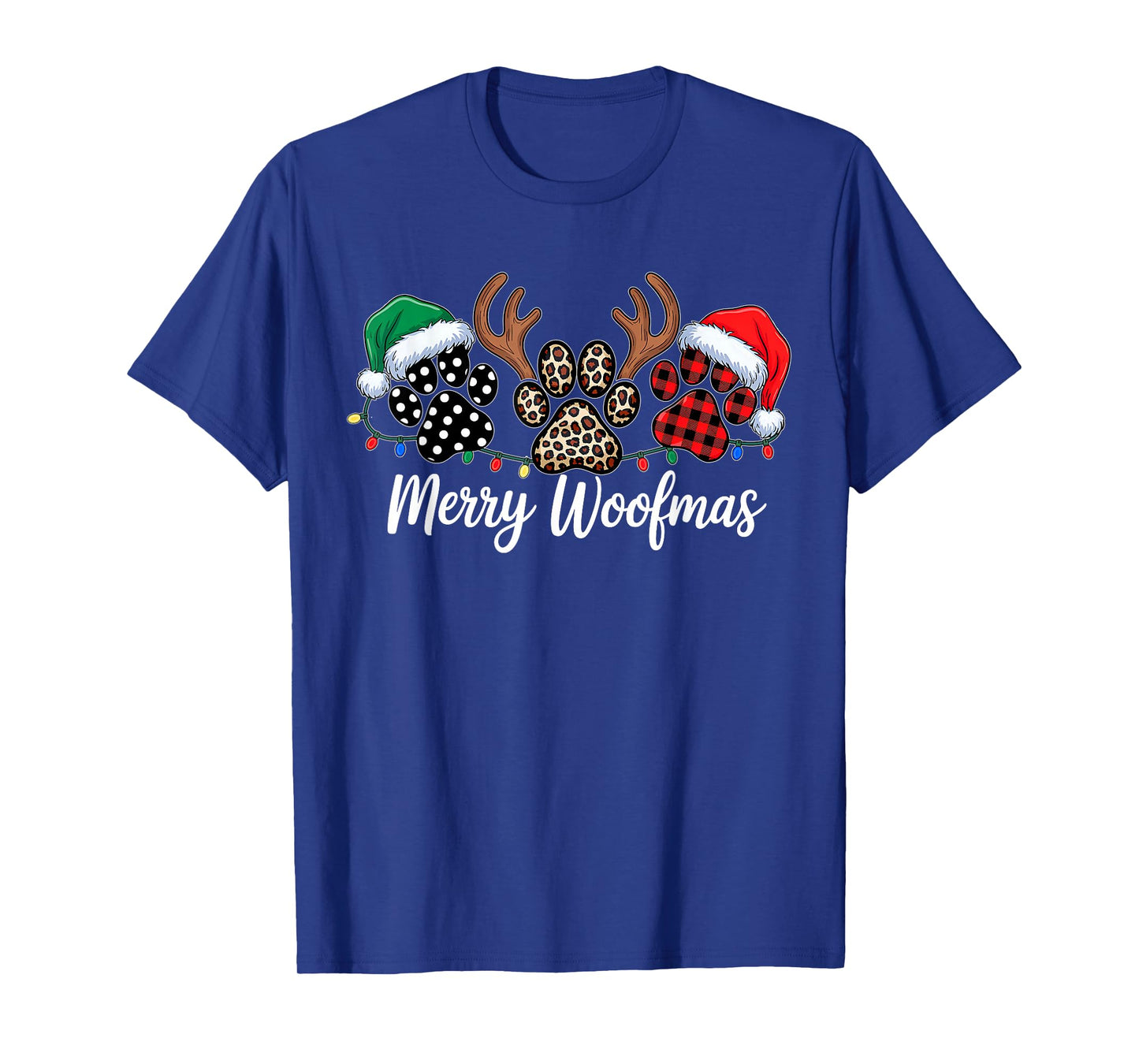 Merry Woofmas Christmas Dog Paws Buffalo Plaid Xmas Lights T-Shirt