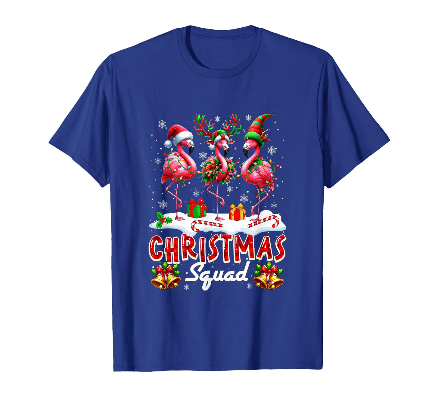 Christmas Squad Three Santa Reindeer Elf Flamingos Colorful T-Shirt