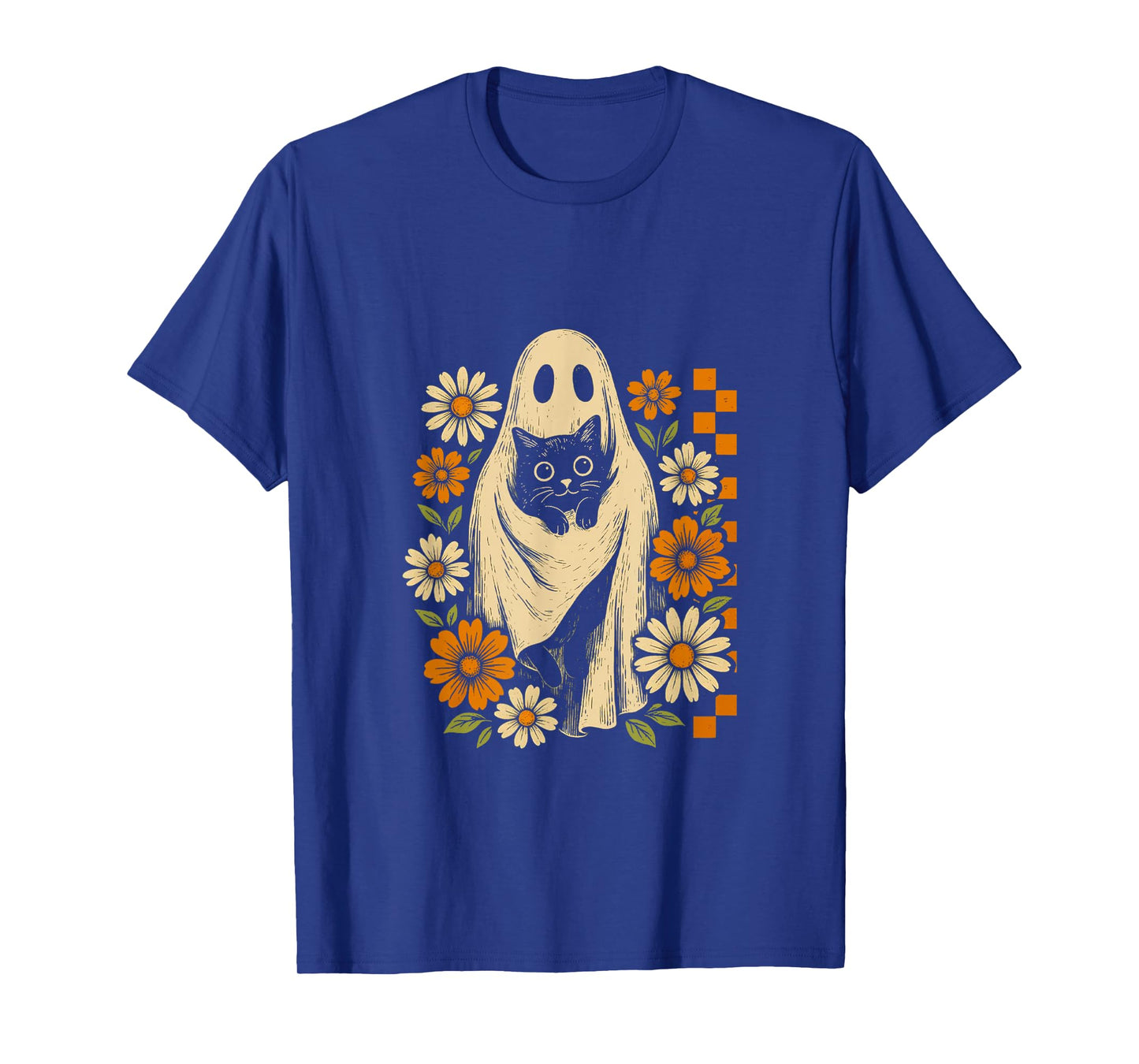 Vintage Halloween Ghost Holding Black Cat Groovy T-Shirt