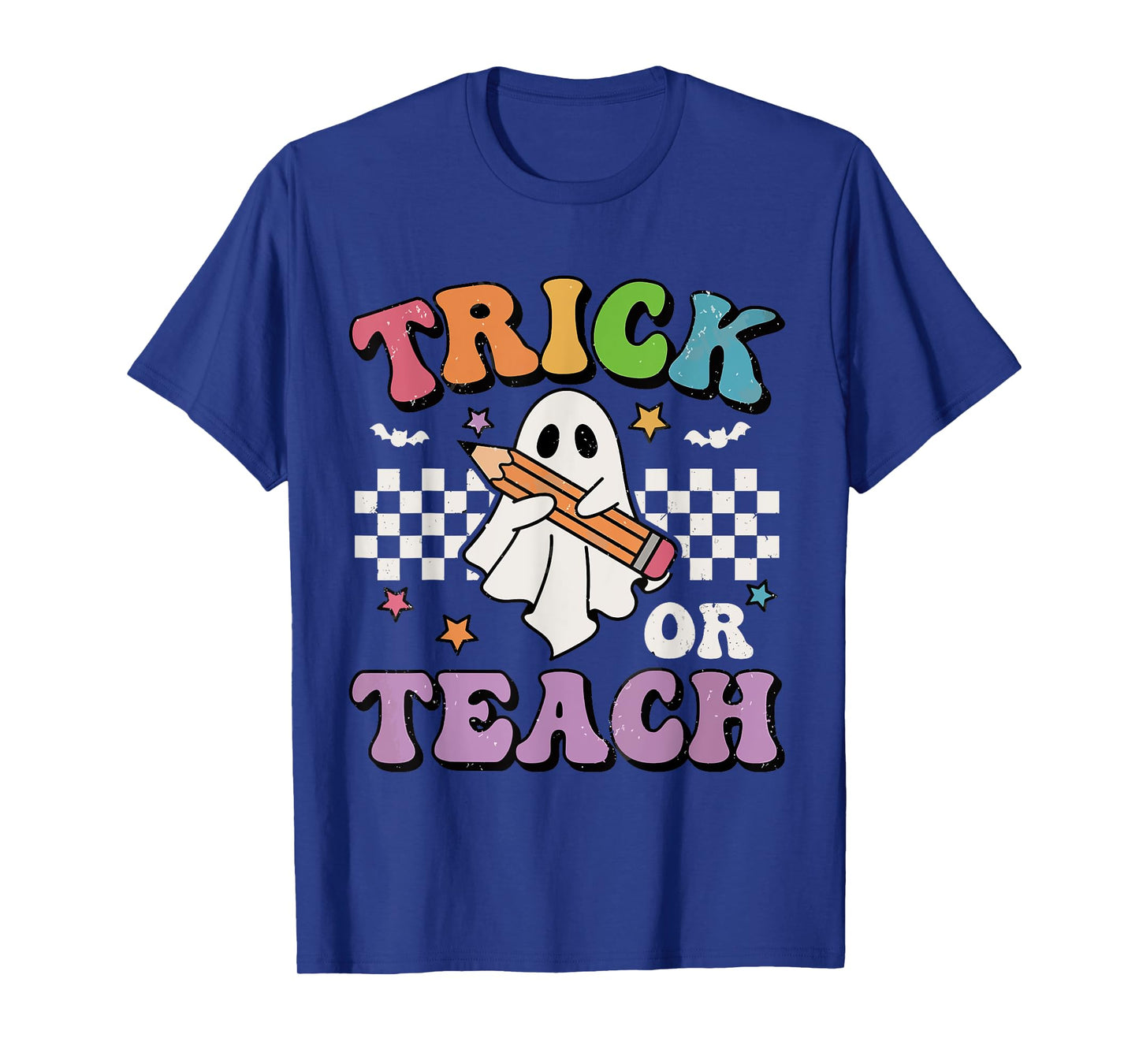 Trick Or Teach Groovy Teacher Halloween Retro Floral Ghost T-Shirt