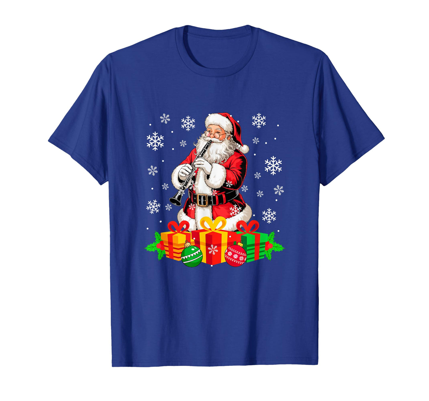 Santa Playing Clarinet Instrument Colorful Christmas Boxes T-Shirt