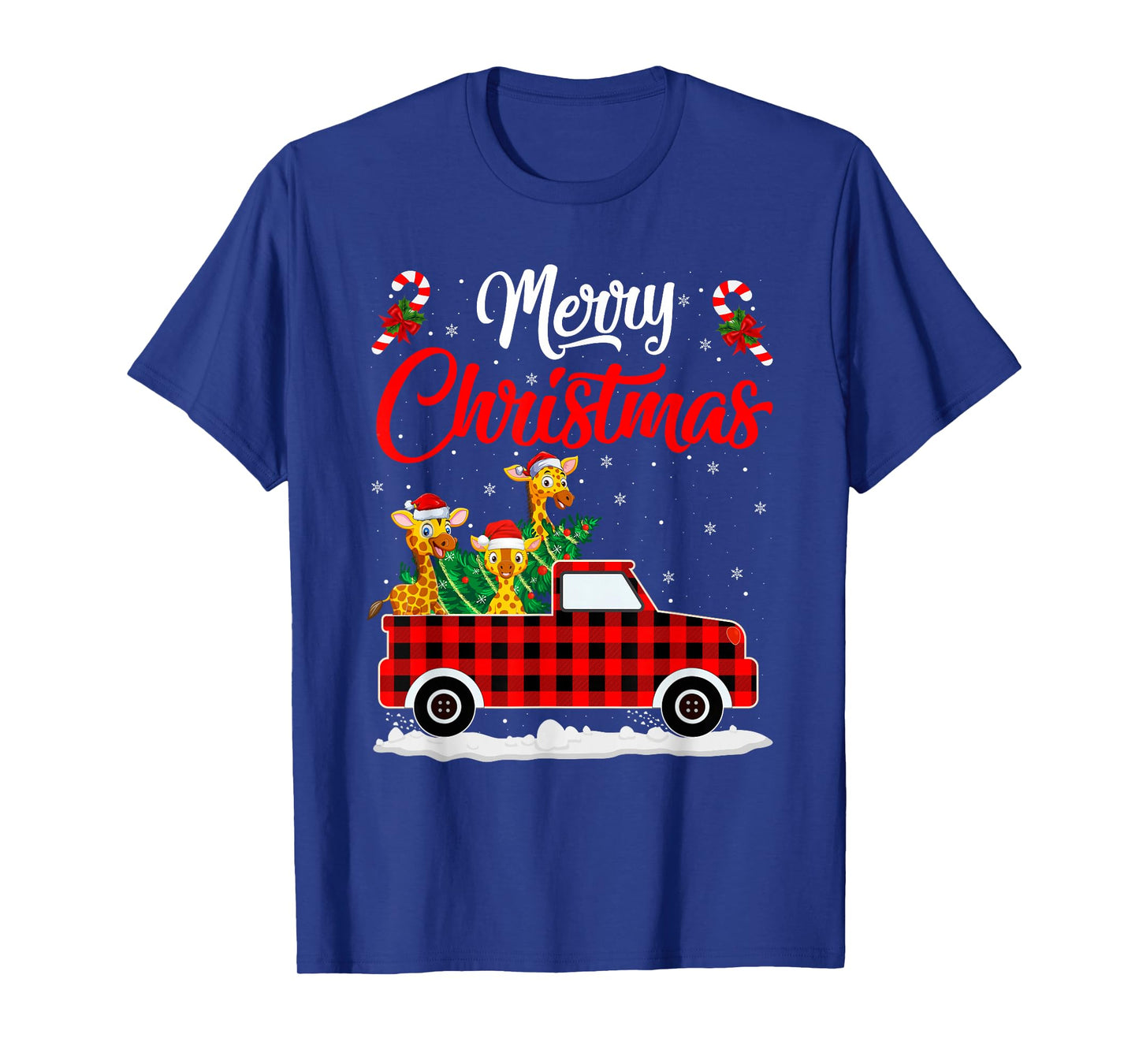 Giraffe Merry Christmas Tree Red Truck Buffalo Plaid Xmas T-Shirt