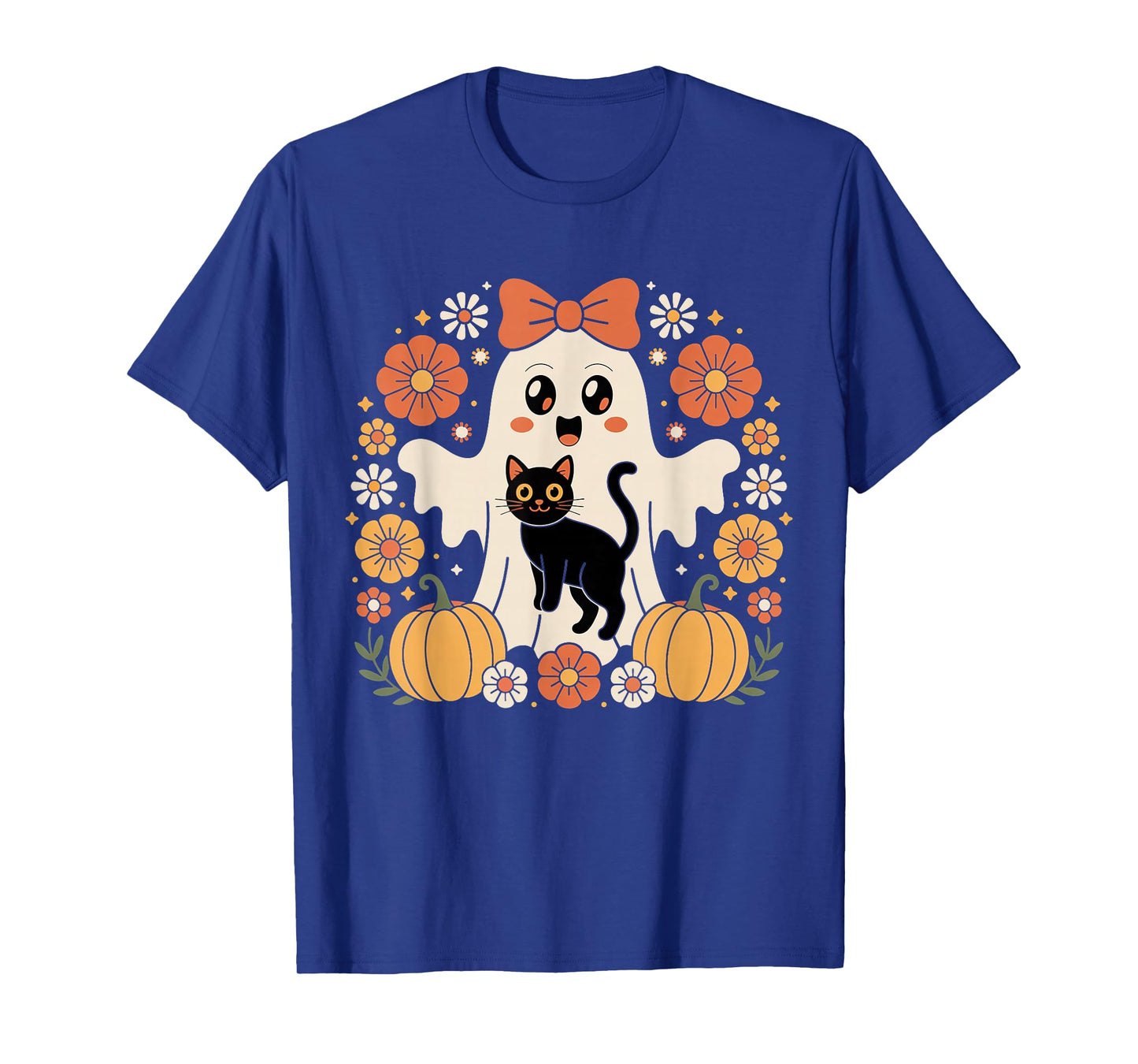 Vintage Halloween Ghost Holding Black Cat Groovy Floral T-Shirt