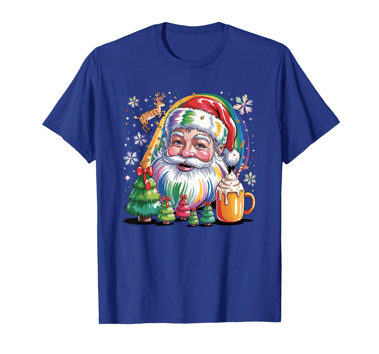 Colorful Rainbow Santa Christmas Cocoa and Tree T-Shirt