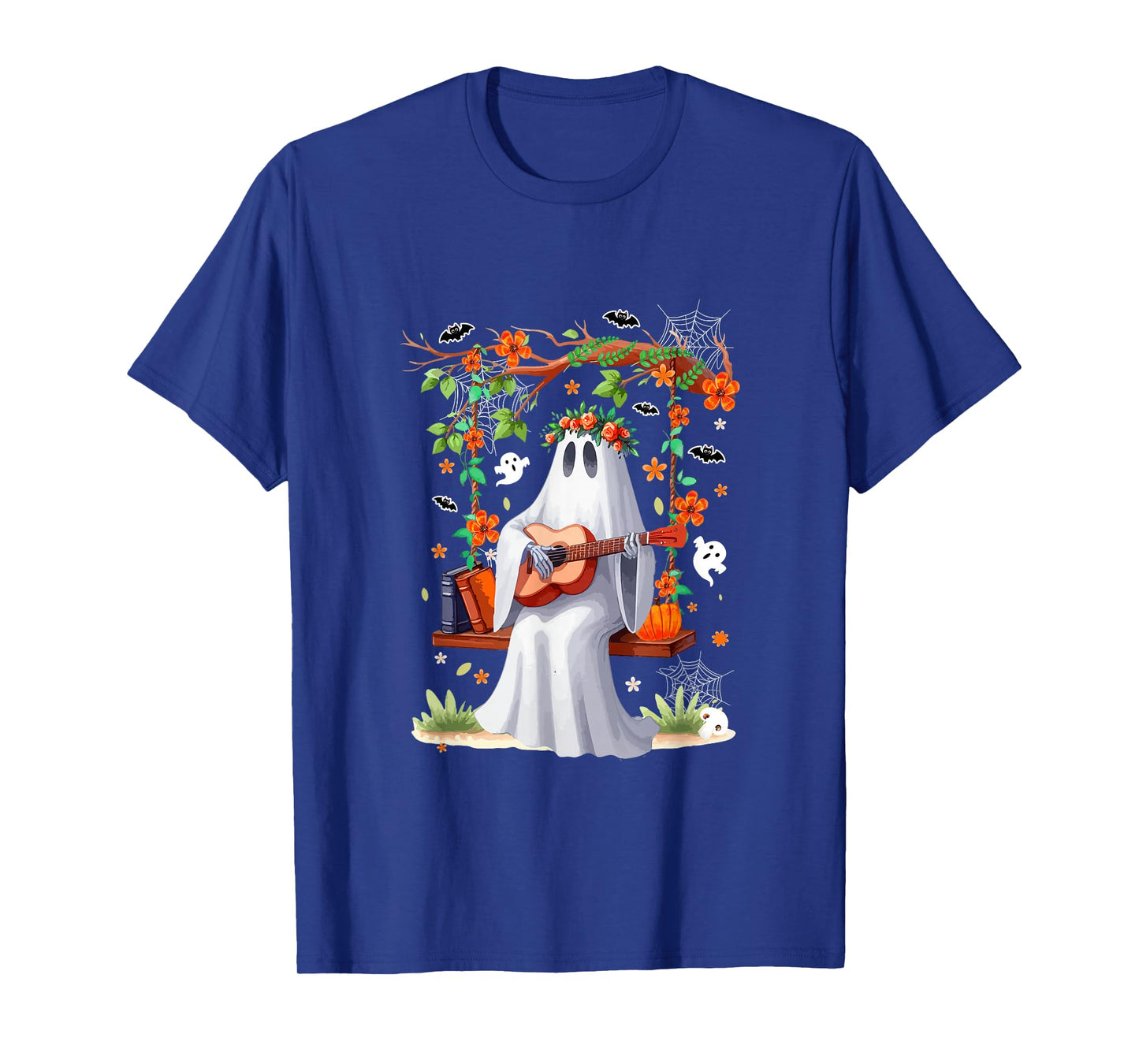 Cute Boo On Swing Playing Guitar Halloween Colorful Flowers T-Shirt