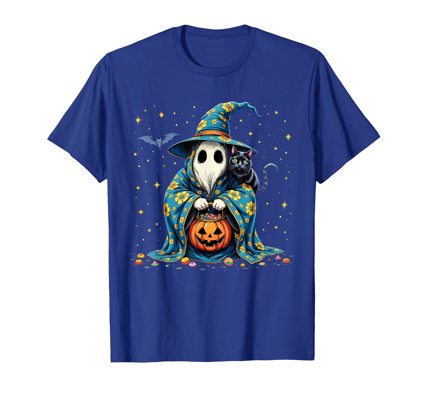 Ghost Holding Black Cat Lover Halloween 2025 Groovy Floral T-Shirt