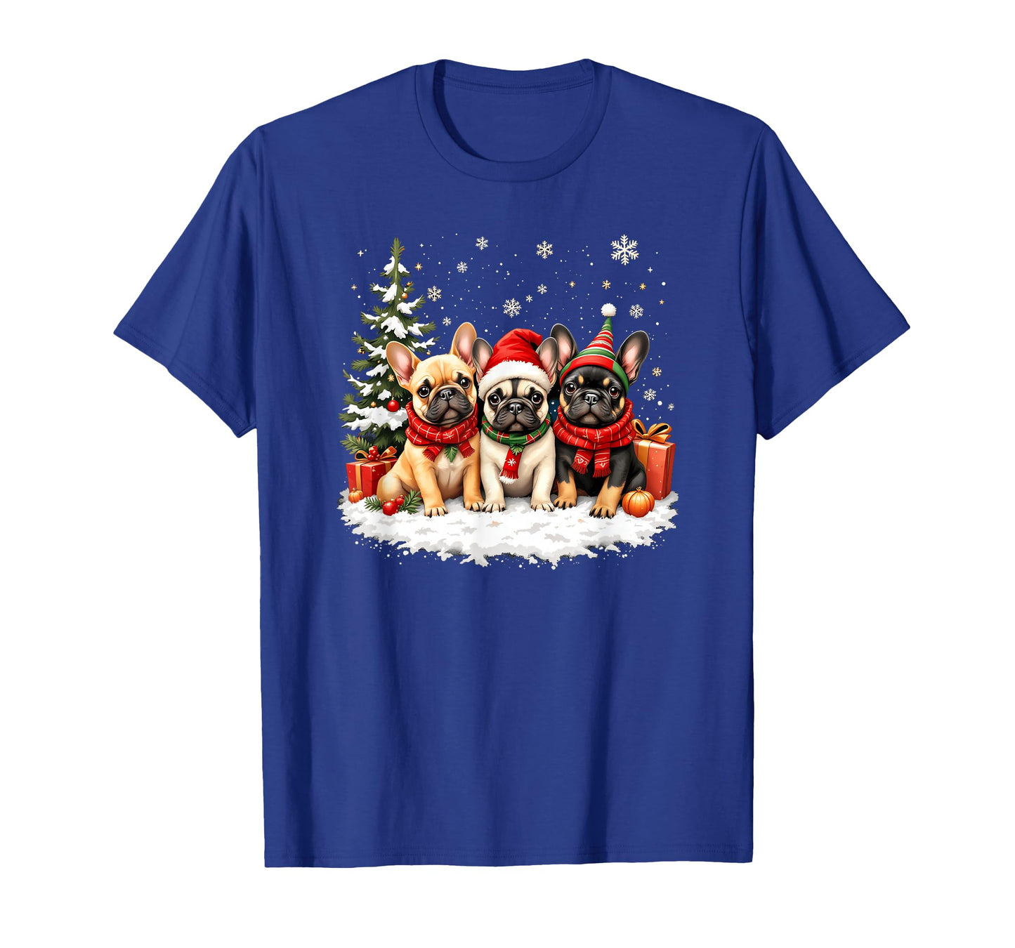 French Bulldog Christmas Trio with Santa Claus Snow Tree T-Shirt