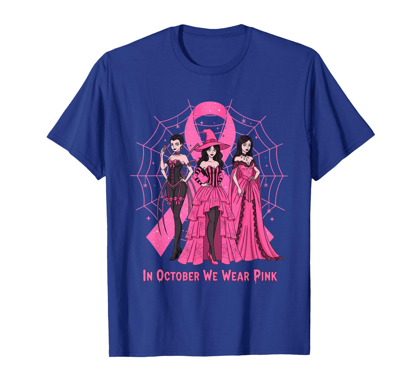 October We Wear Pink Spider Witch Halloween Breast Cancer T-Shirt