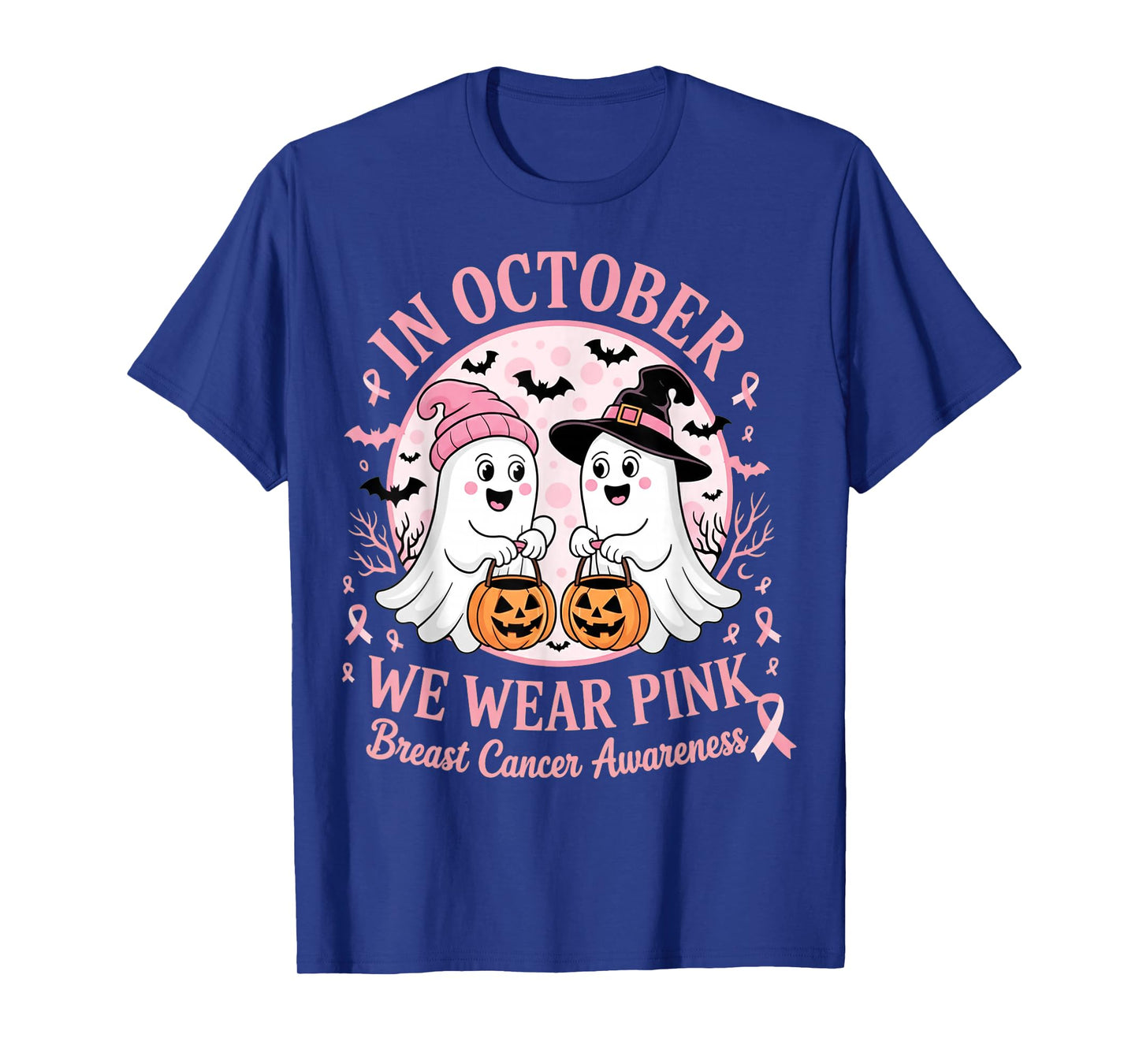 in October We Wear Pink Ghost Witch Breast Cancer Awareness T-Shirt