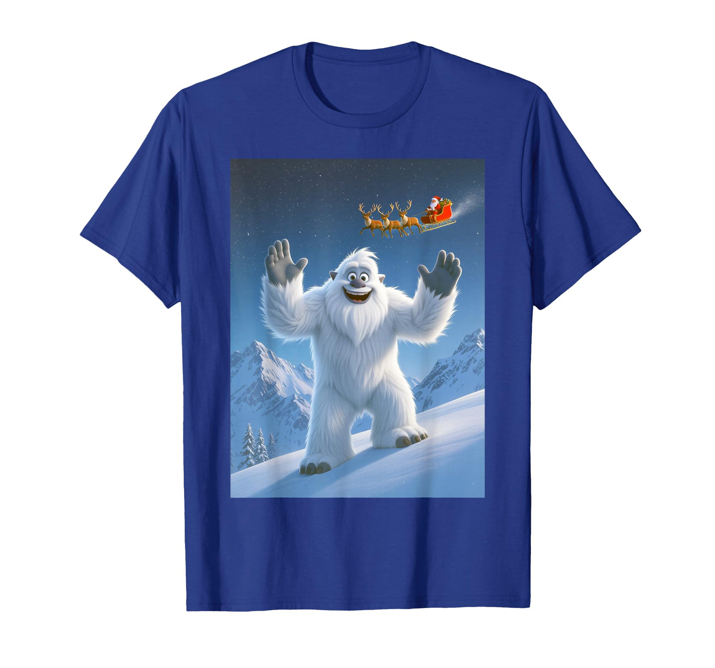 Yeti Waving at Santa Claus Flying Overhead Merry Christmas T-Shirt