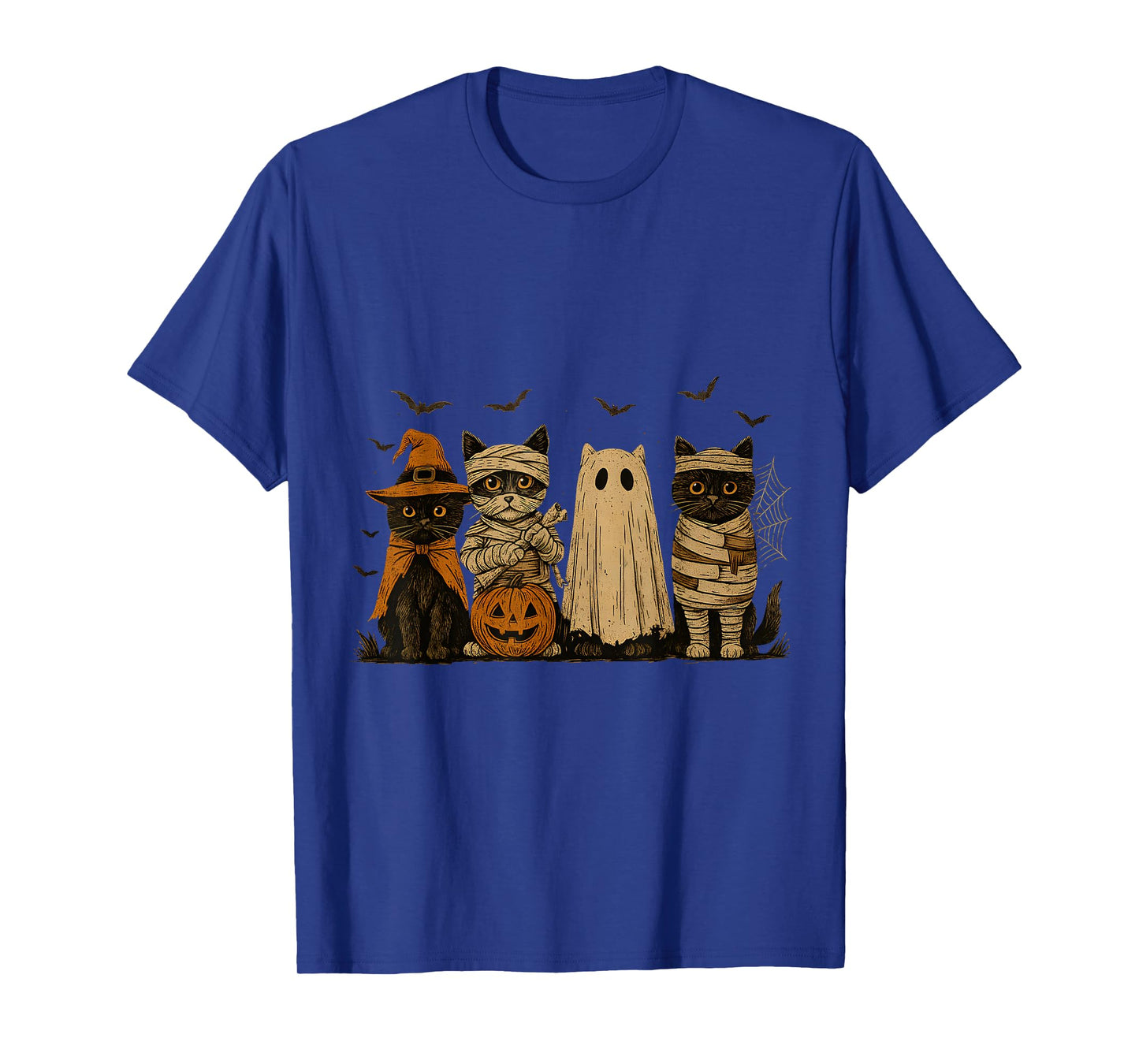 Witch, Mummy, Ghost & Pumpkin Vintage Halloween Cats Design T-Shirt