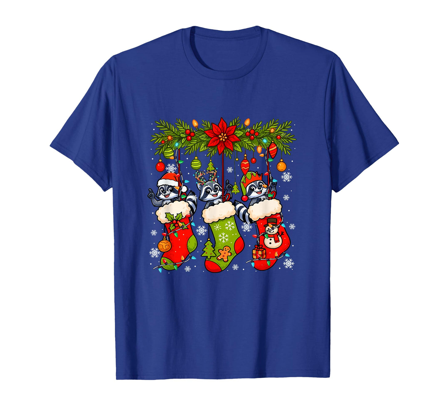 Three Santa Elf Reindeer Raccoons in Xmas Colorful Socks T-Shirt