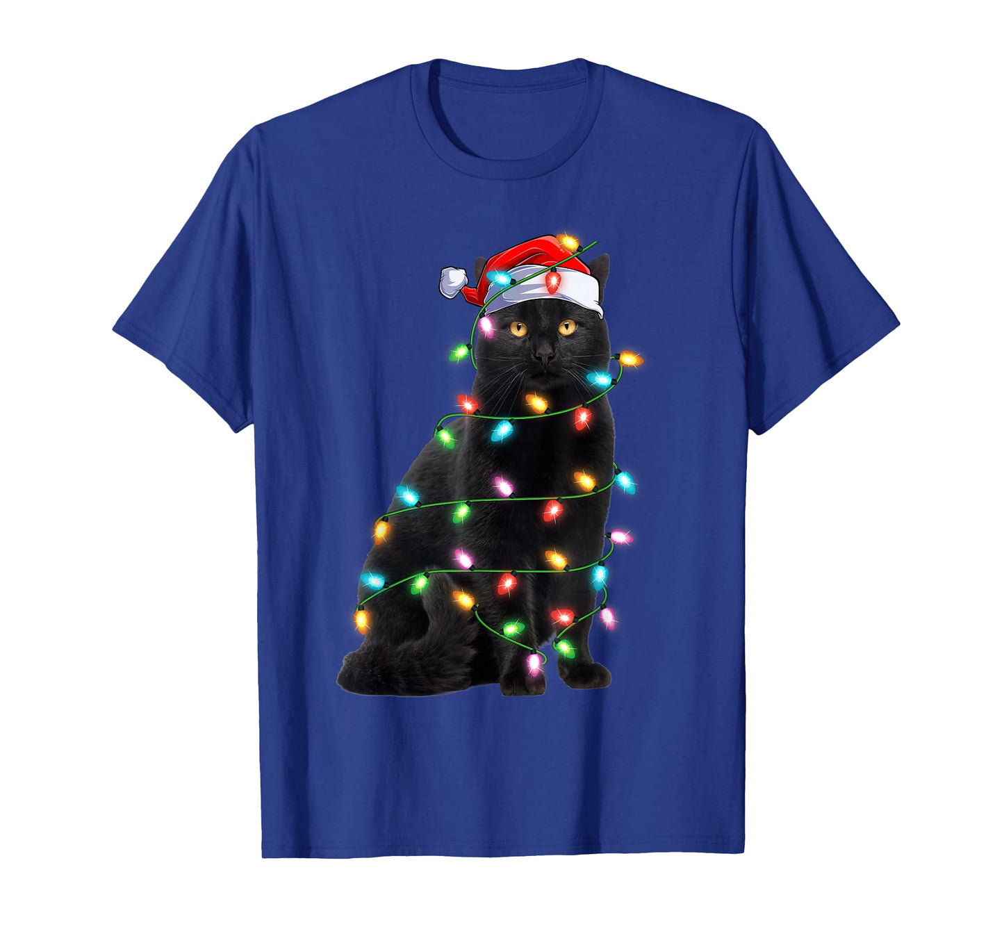 Xmas Lights Santa Hat Black Cat Christmas T-Shirt