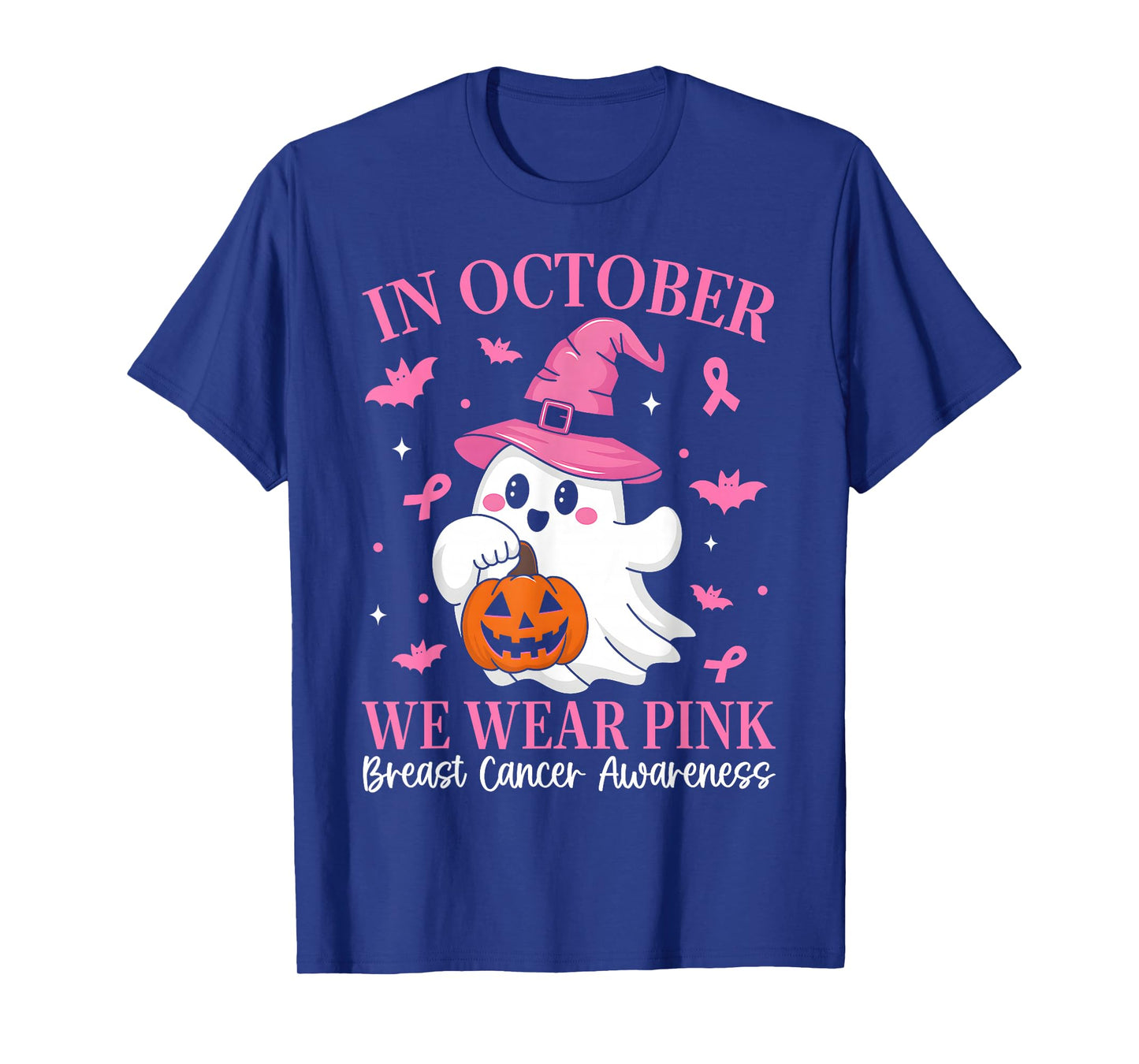 in October We Wear Pink Ghost Witch Breast Cancer Awareness T-Shirt