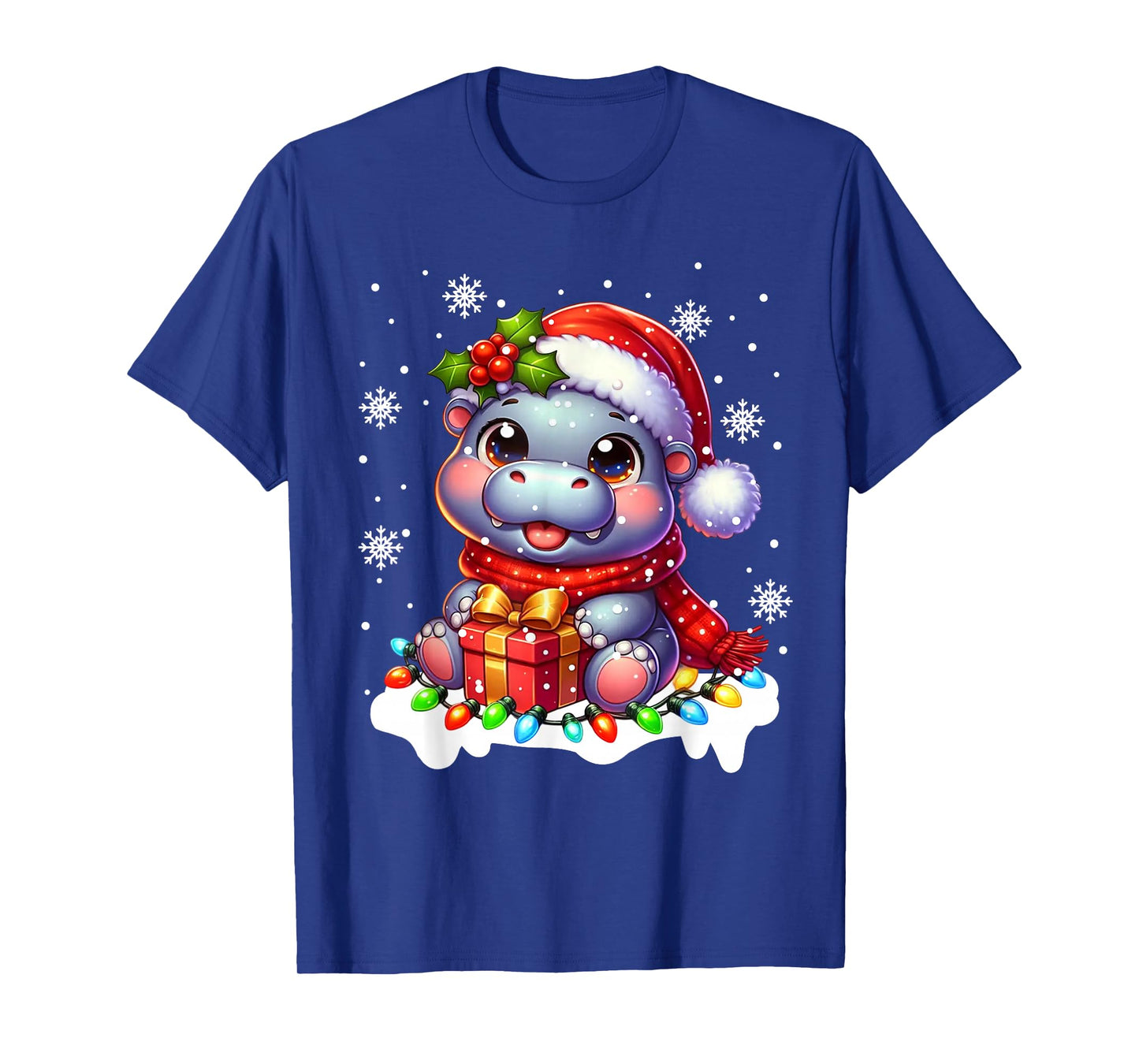 Hippopotamus Lovers Funny Christmas Lights Santa Hat Hippo T-Shirt