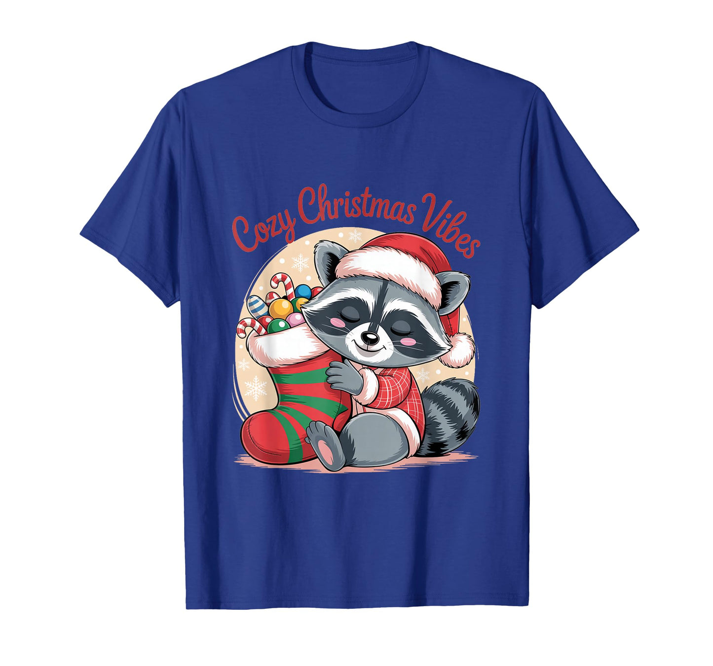 Cozy Christmas Vibes Raccoon with Candy Cane Stocking T-Shirt