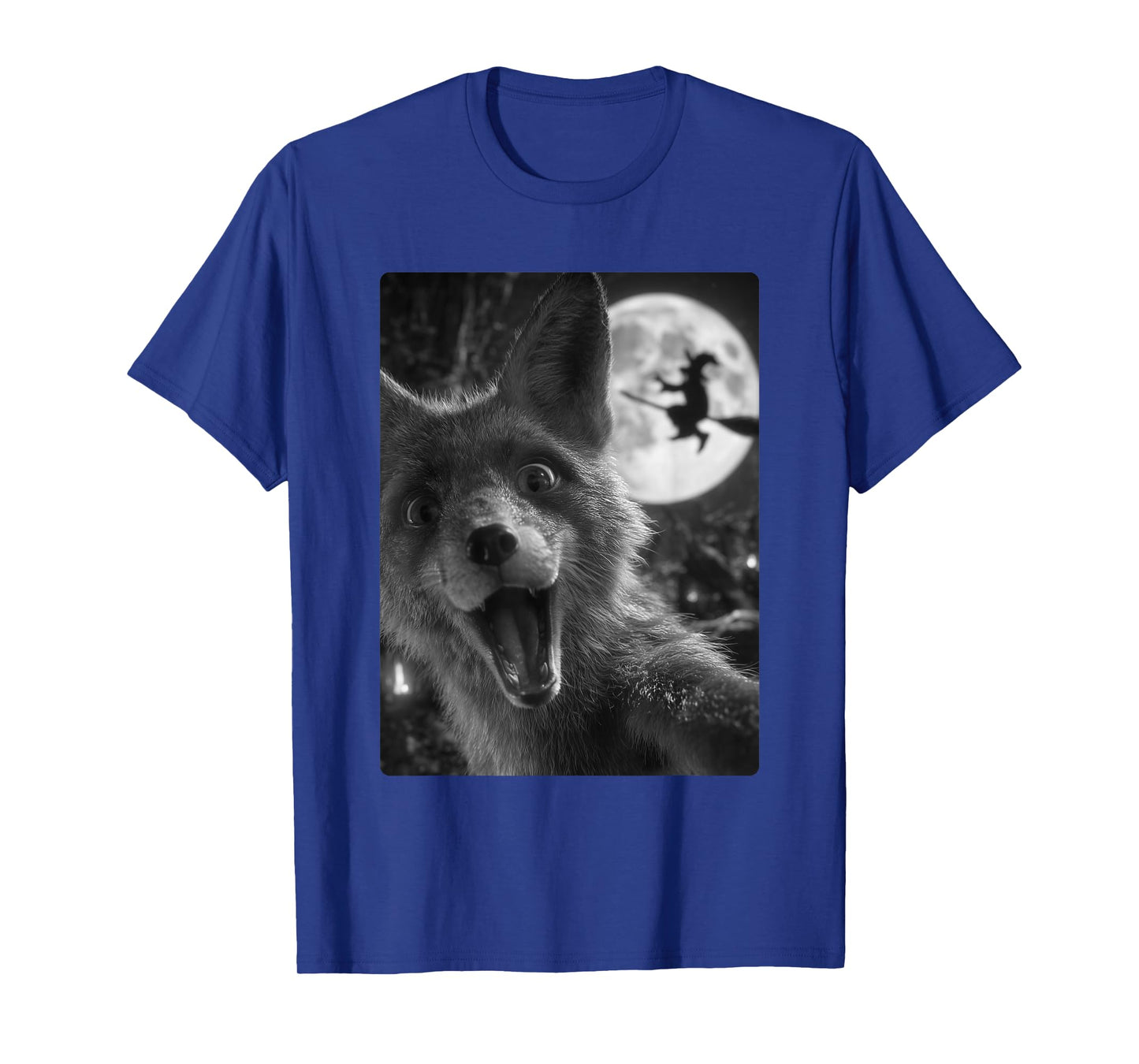 Funny Fox Selfie Full Moon Flying Witch Forest Halloween T-Shirt
