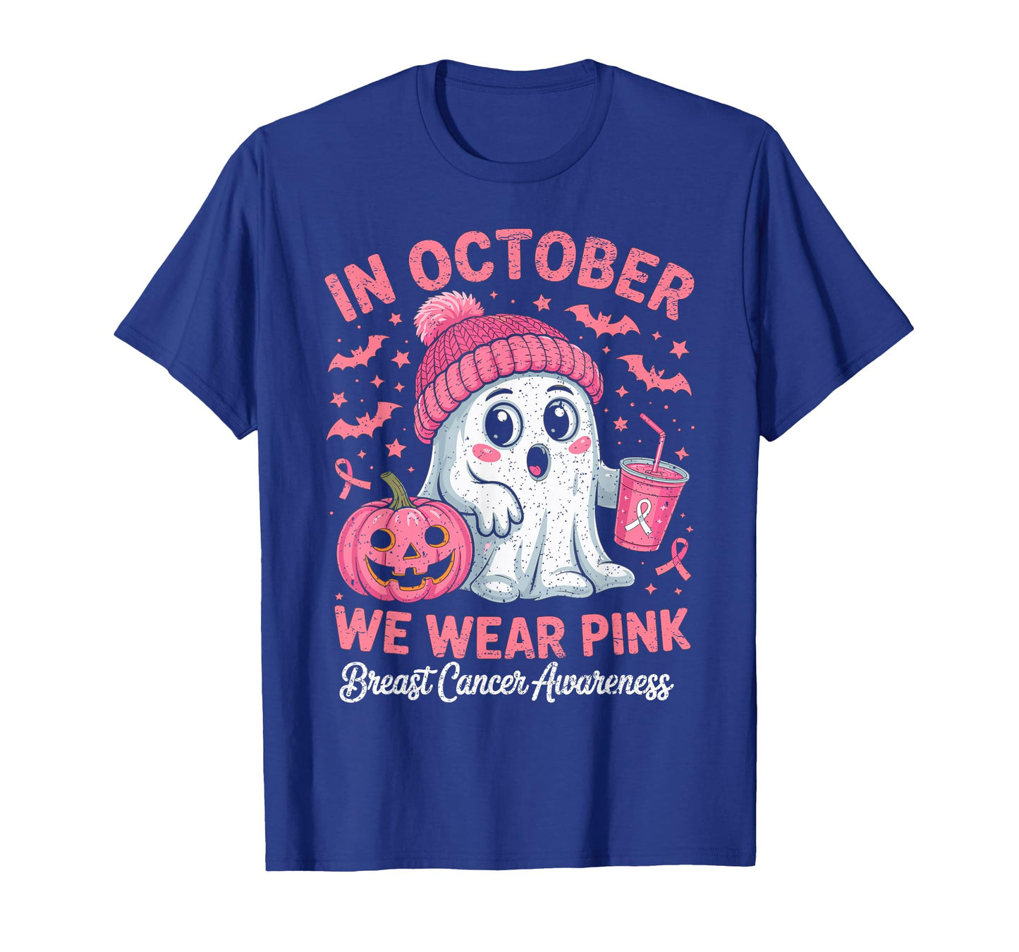 in October We Wear Pink Ghost Tea Breast Cancer Awareness T-Shirt