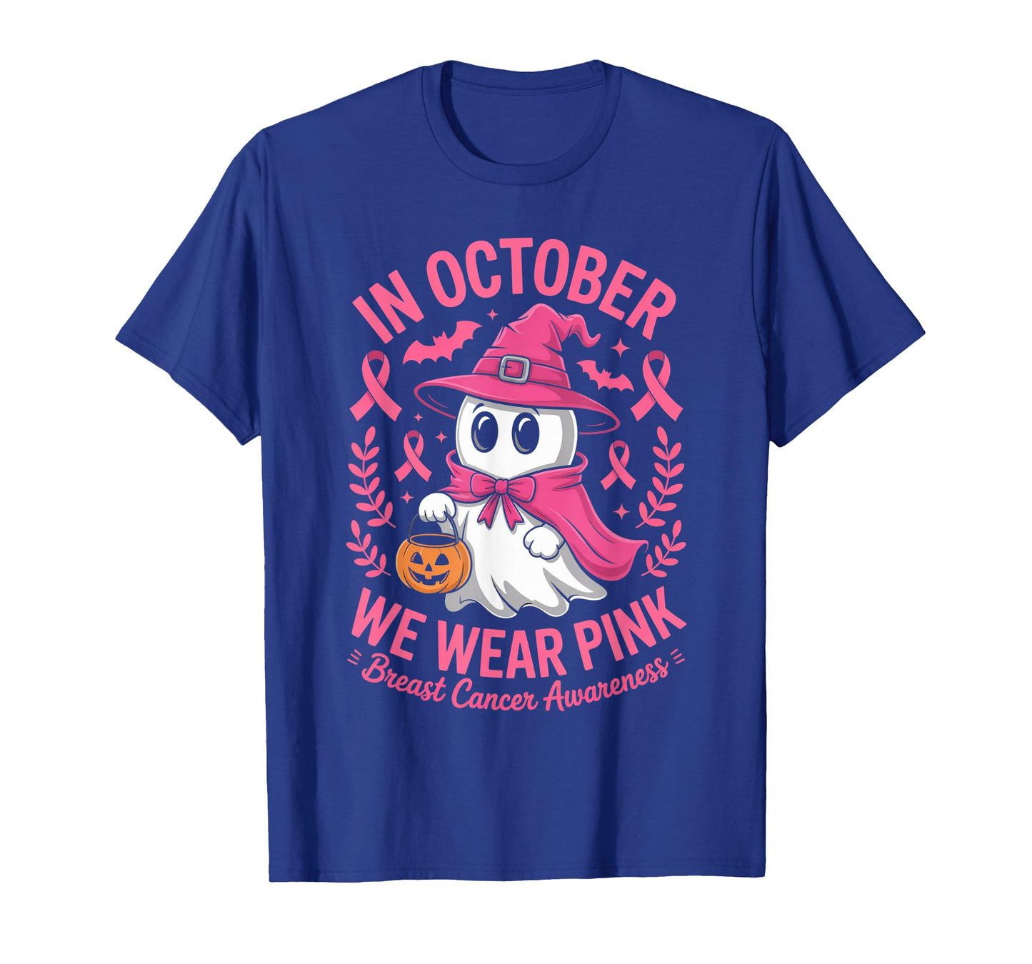 in October We Wear Pink Ghost Witch Breast Cancer Awareness T-Shirt