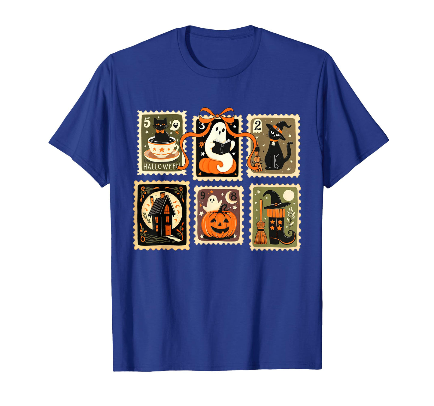Halloween Stamp Spooky Ghost Cat Pumpkin Bow Vintage T-Shirt