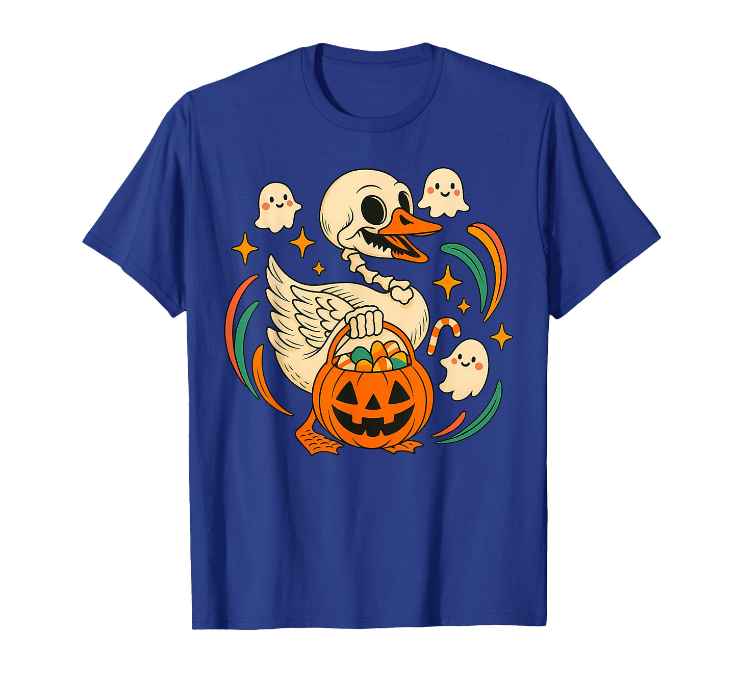 Halloween Goose Skeleton with Witch Hat Pumpkin Candy Bucket T-Shirt