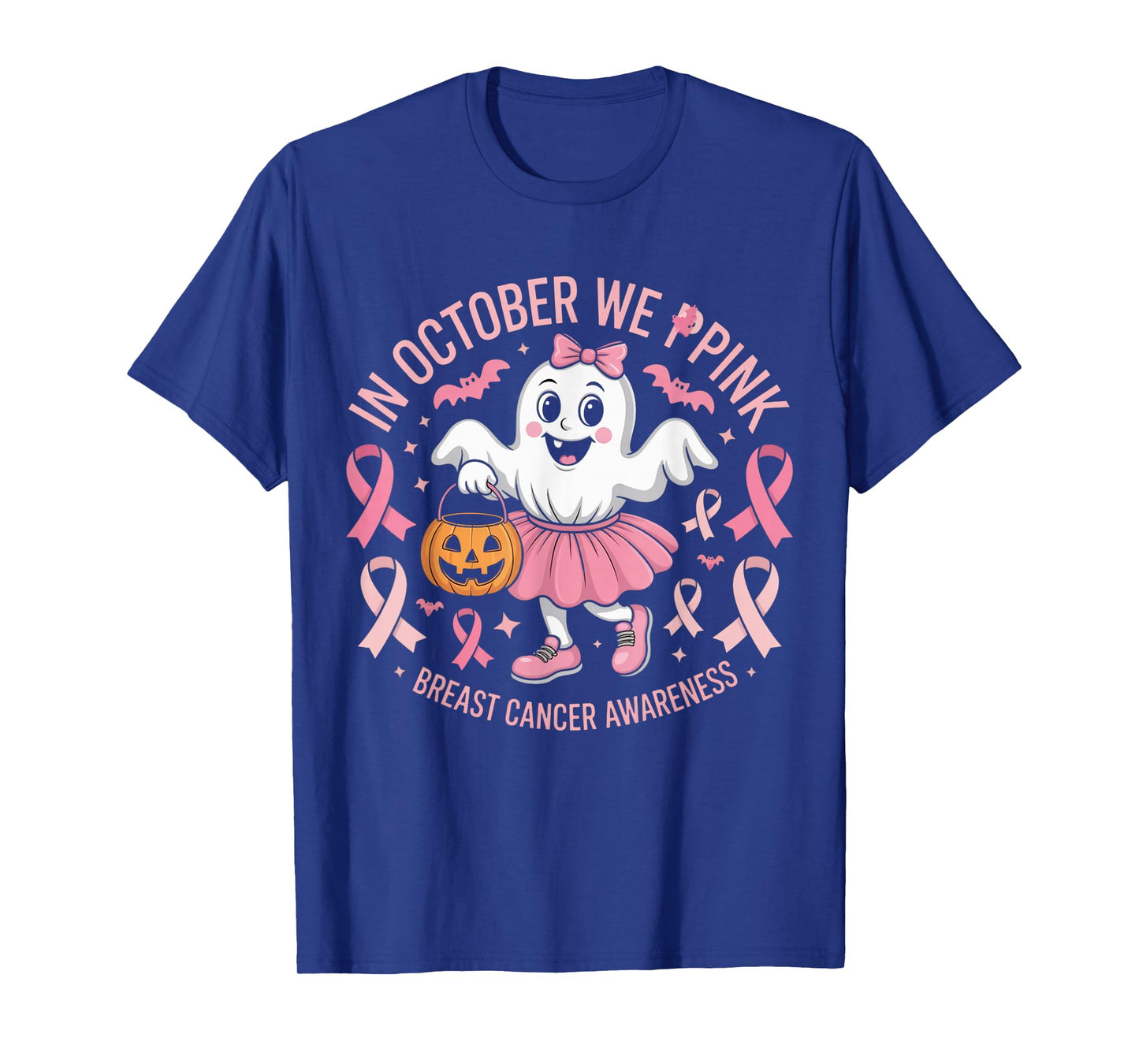 in October We Wear Pink Ghost Witch Breast Cancer Awareness T-Shirt