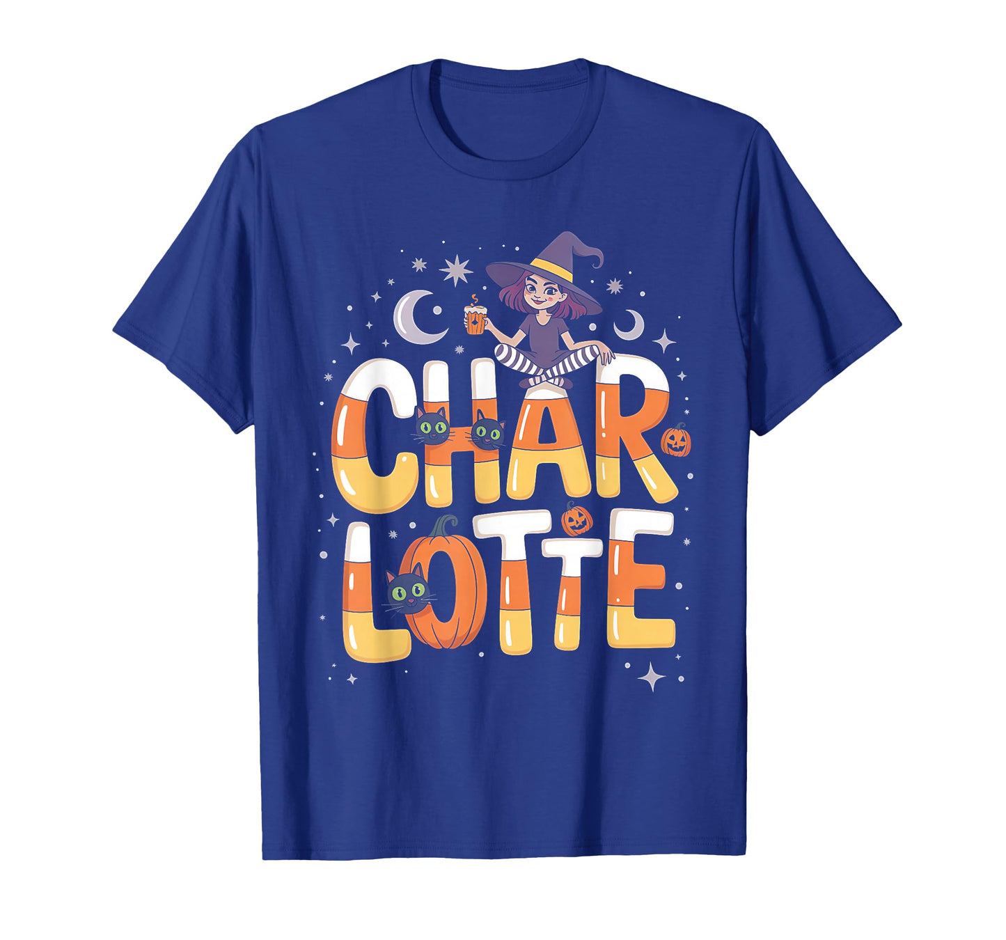 Charlotte Witch Candy Corn Cat Halloween Women and Girls T-Shirt