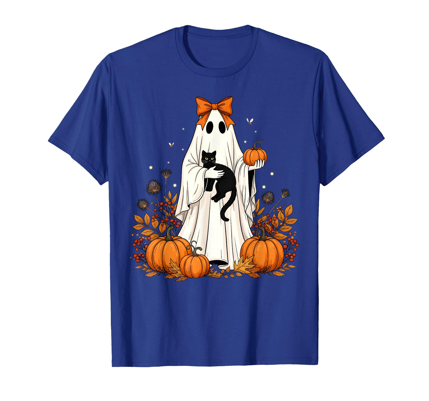 Vintage Halloween Ghost Holding Black Cat Groovy Floral T-Shirt