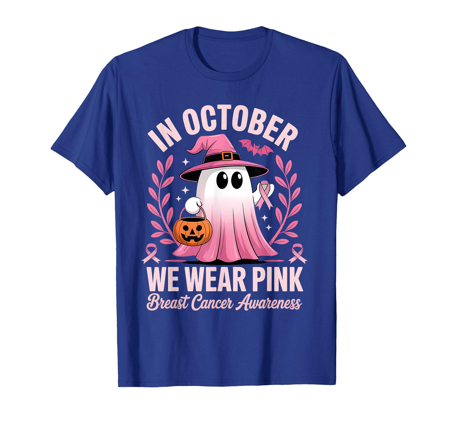 in October We Wear Pink Women Ghost Breast Cancer Awareness T-Shirt