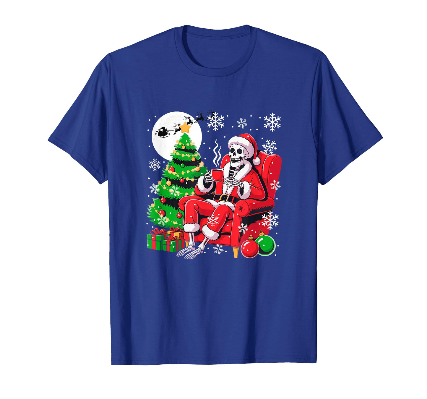 Santa Skeleton Drinking Coffee Xmas Tree Colorful Lights T-Shirt