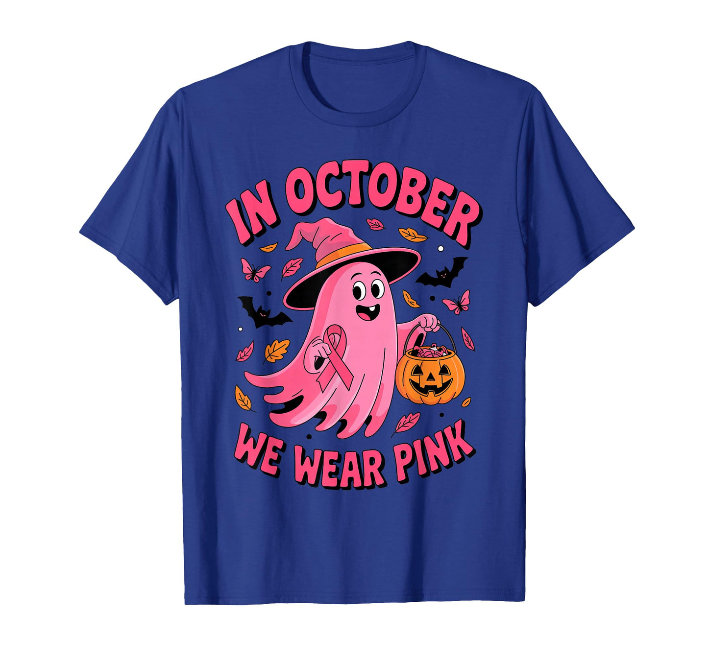 in October We Wear Pink Breast Cancer Ghost Witch Pumpkin T-Shirt