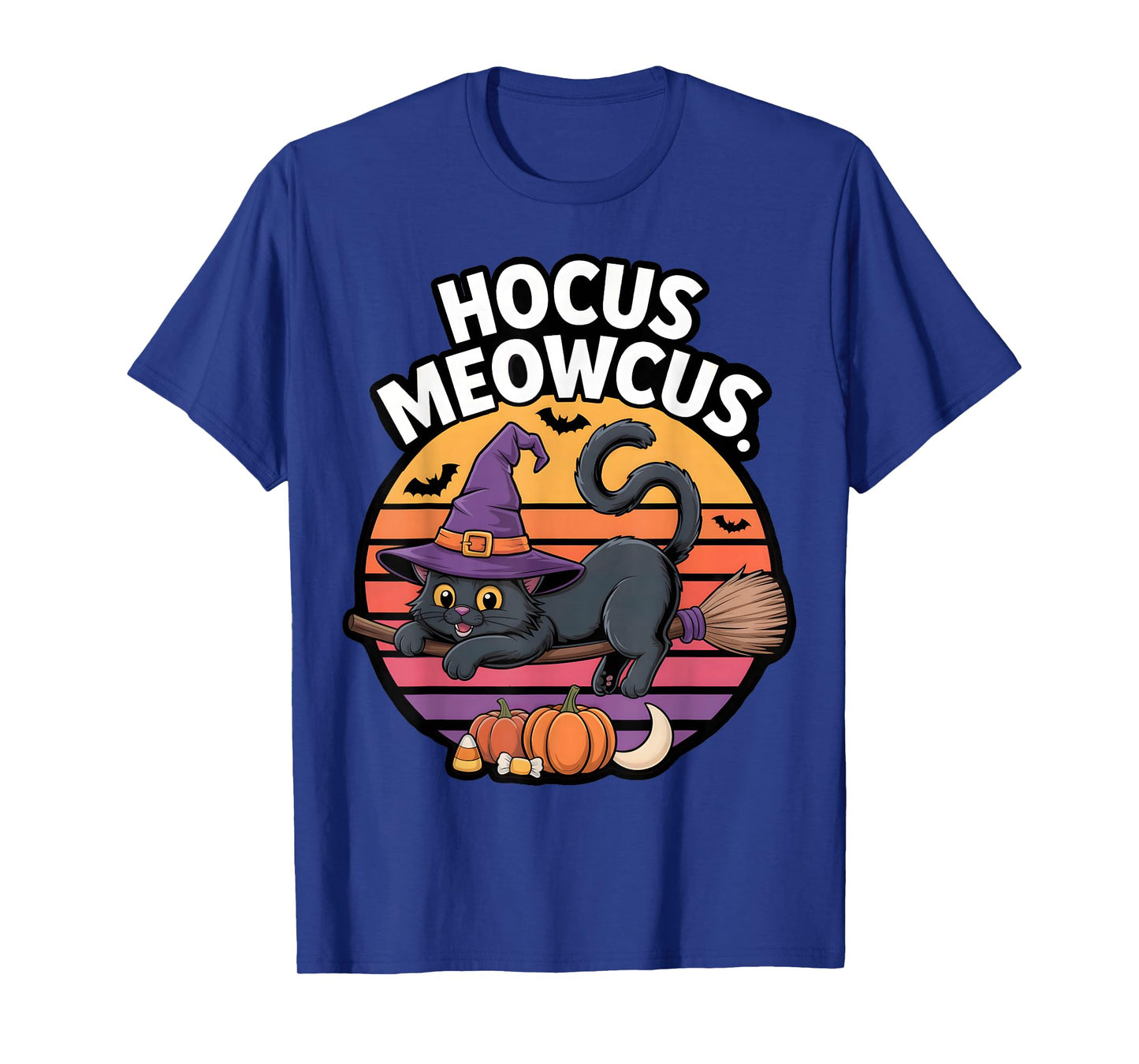 Hocus Meowcus Black Cat Witch Hat Broom Pumpkin Halloween T-Shirt