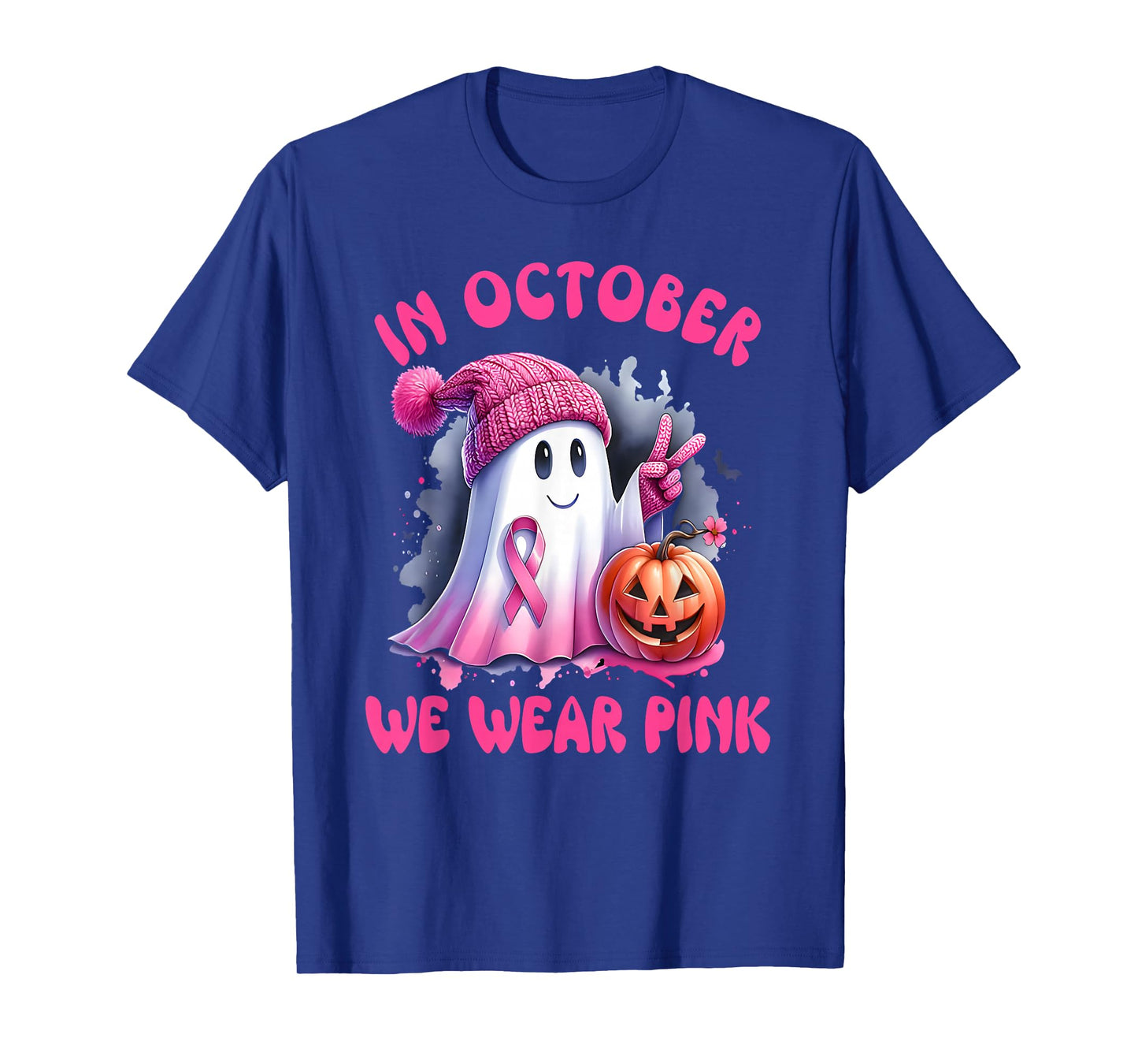 in October We Wear Pink Ghost Witch Breast Cancer Awareness T-Shirt