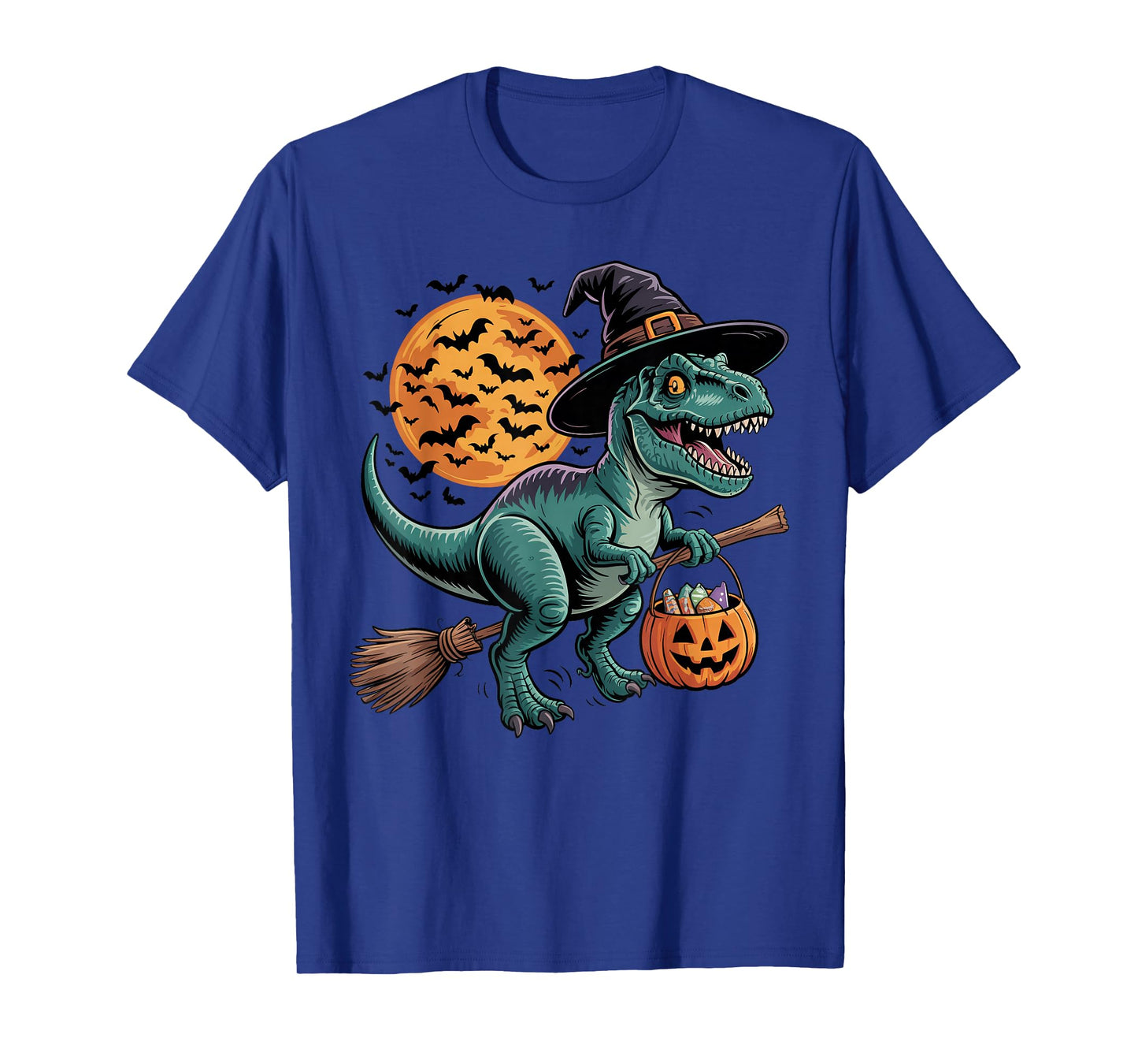 Cute Dinosaur Witch Riding Broom Halloween Pumpkin Kids Boys T-Shirt