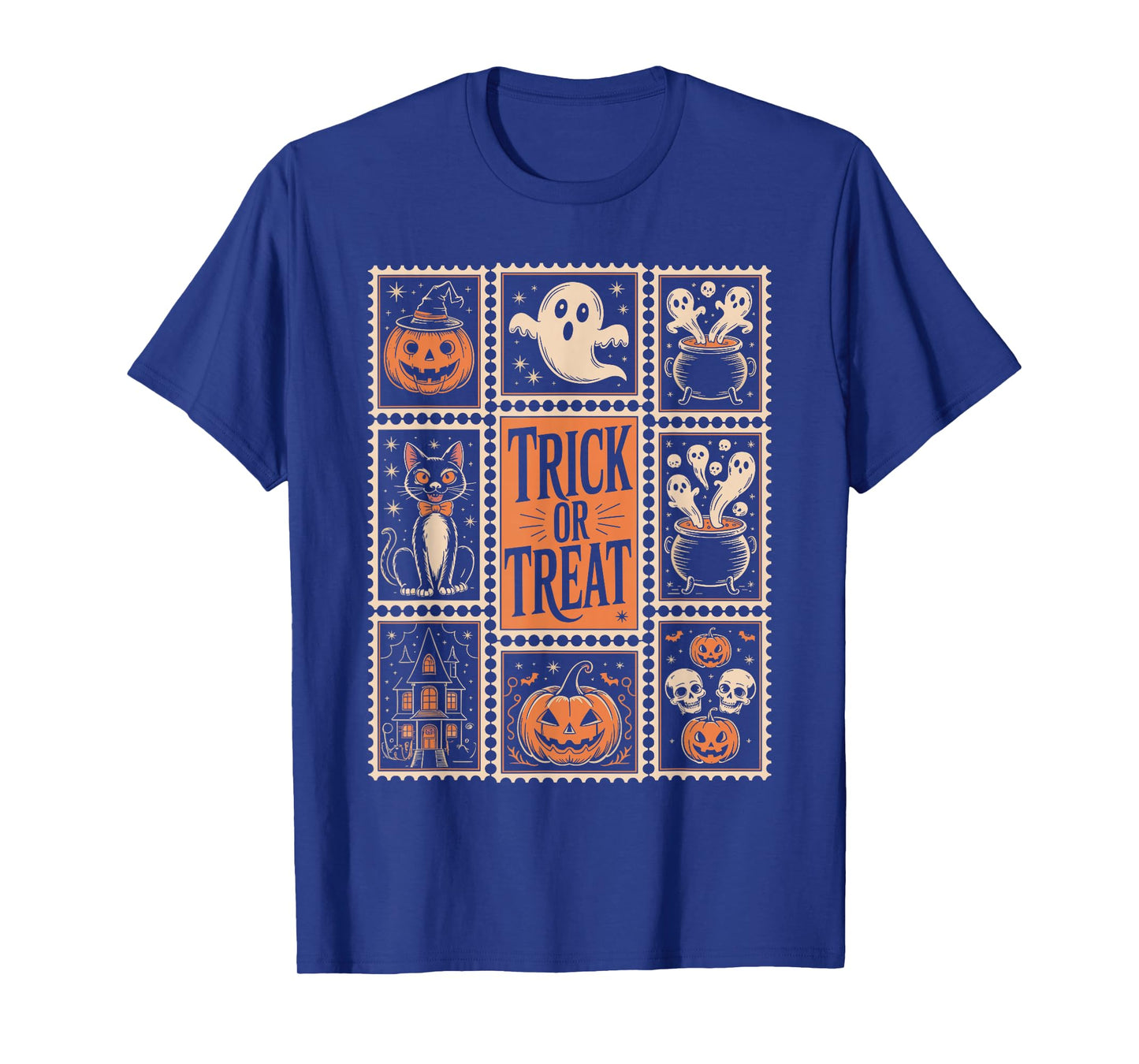 Halloween Stamps Spooky Pumpkin Ghost Cat Witch Skeleton T-Shirt