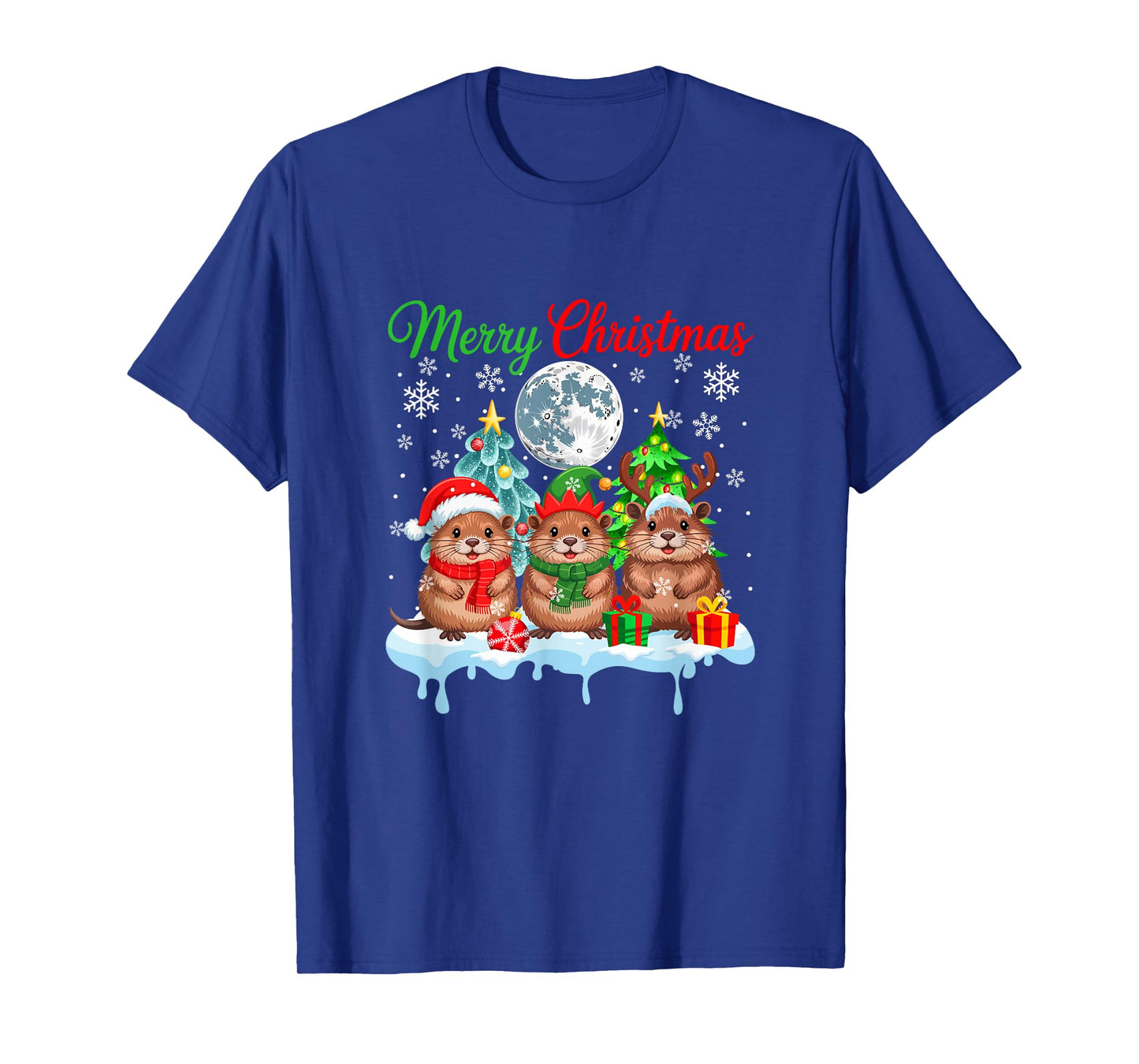 Merry Christmas Three Santa Elf Reindeer Muskrats Rodent T-Shirt