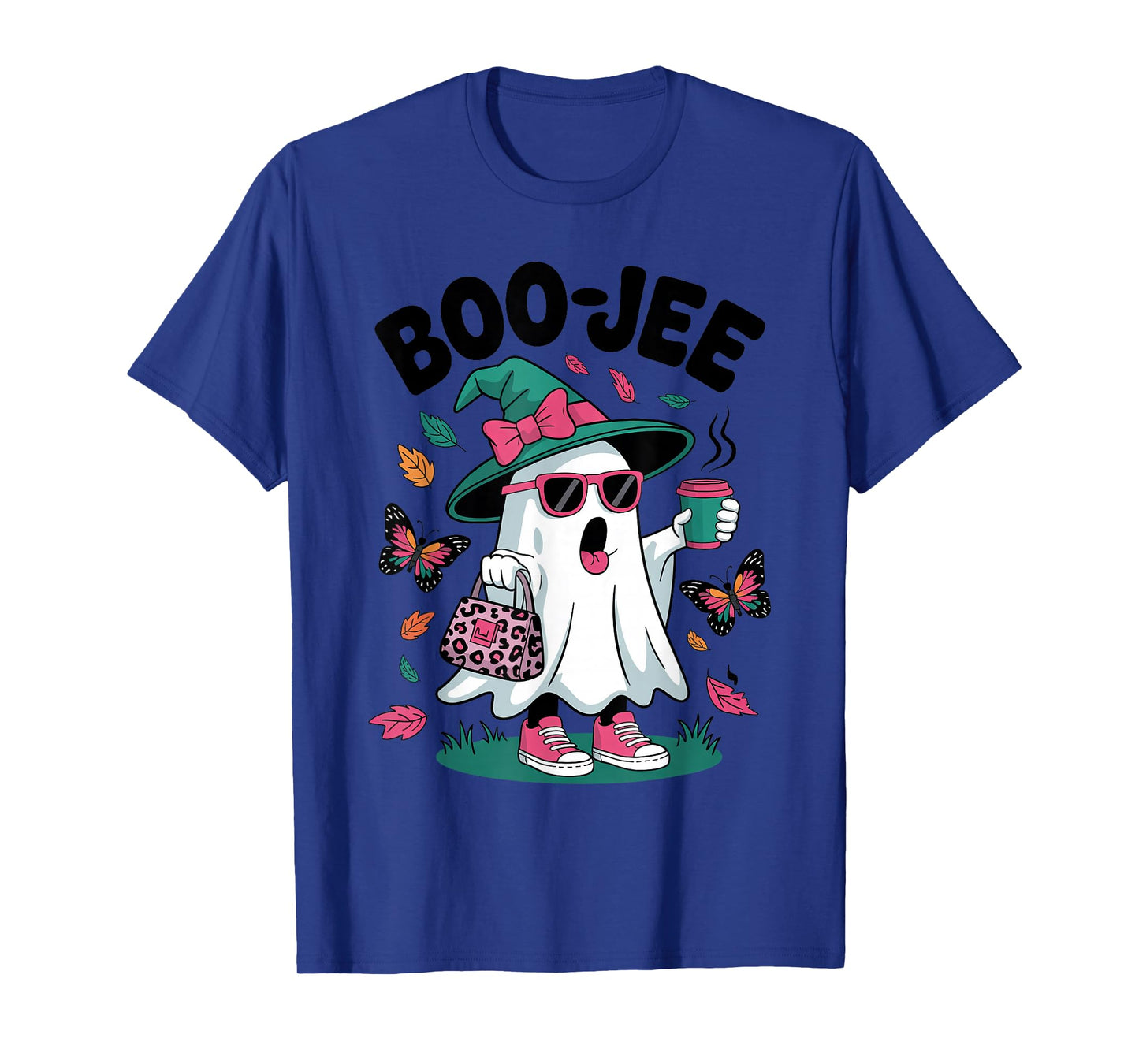 Leopard Ghost Drinking Coffee Witch Hat Boujee Halloween T-Shirt