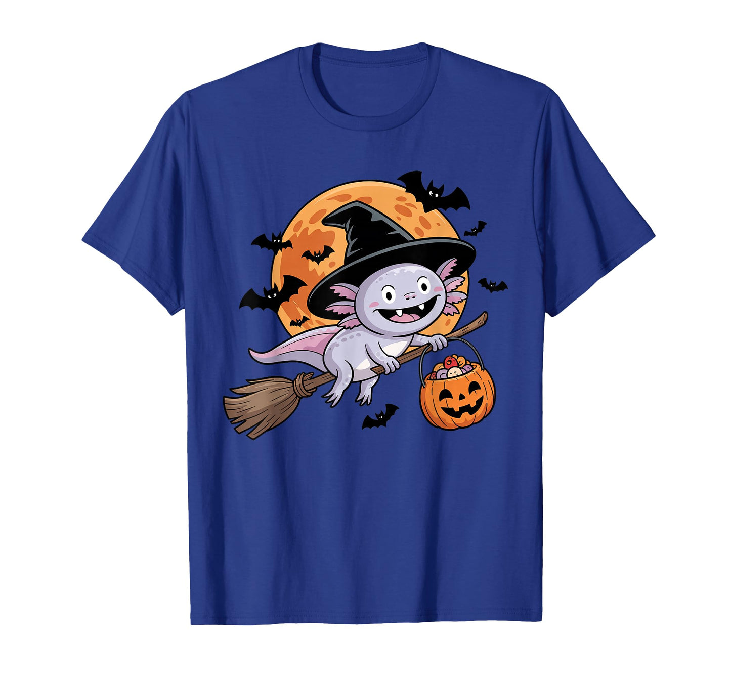 Cute Axolotl Witch with Jack-O-Lantern Pumpkin Halloween T-Shirt