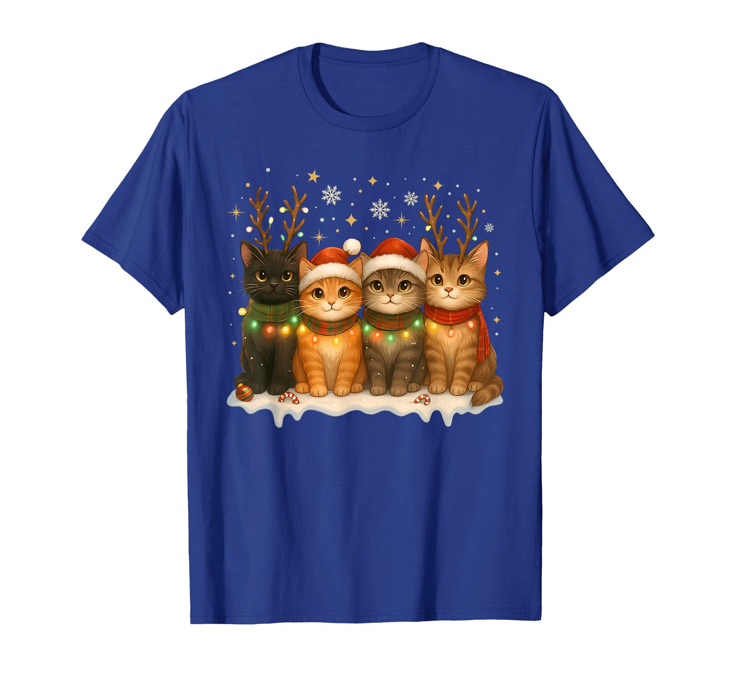 Cat Christmas Light Reindeer Santa Christmas Cat Lover T-Shirt
