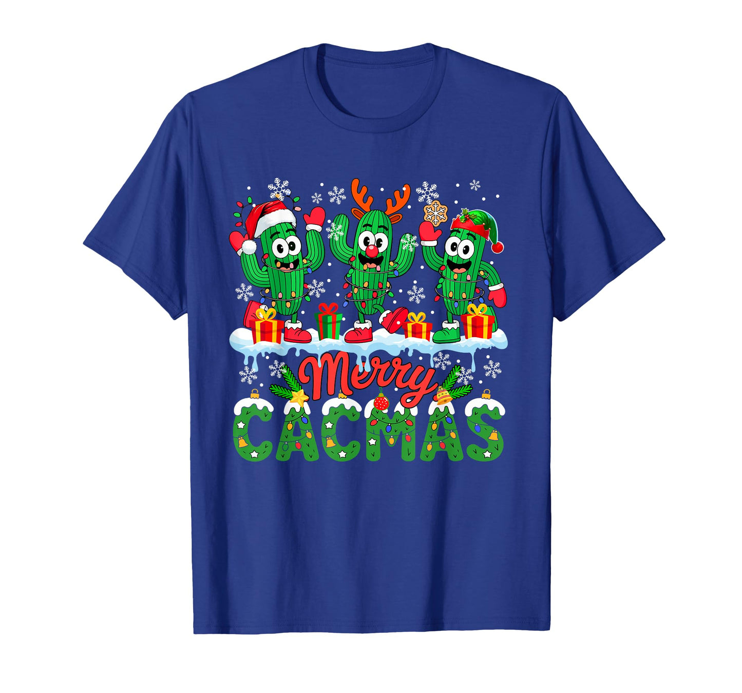 Merry Cacmas Christmas Three Santa Reindeer Elf Cactuses T-Shirt
