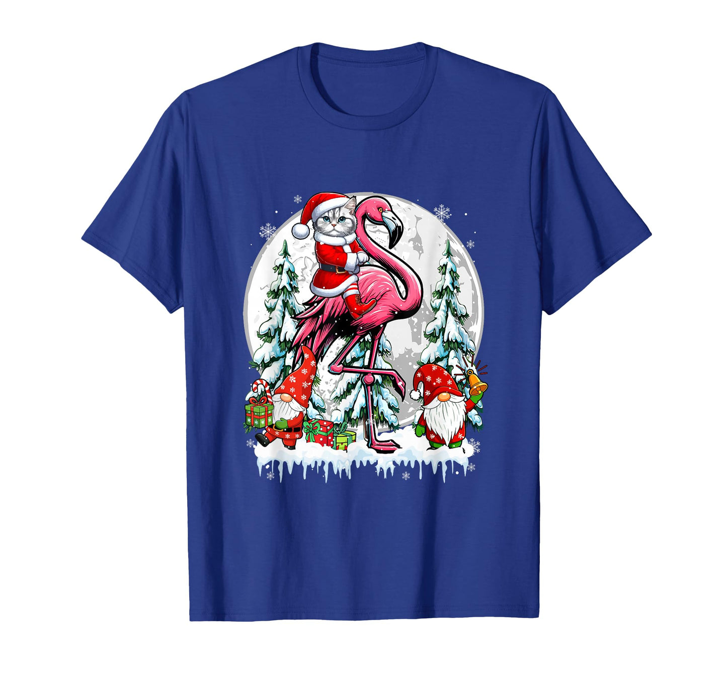Santa Cat Riding Flamigo Gnomes Christmas Trees Family Kids T-Shirt