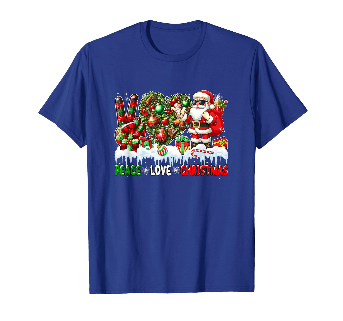 Peace Love Christmas Santa Sunglasses Heart Shape Floral T-Shirt