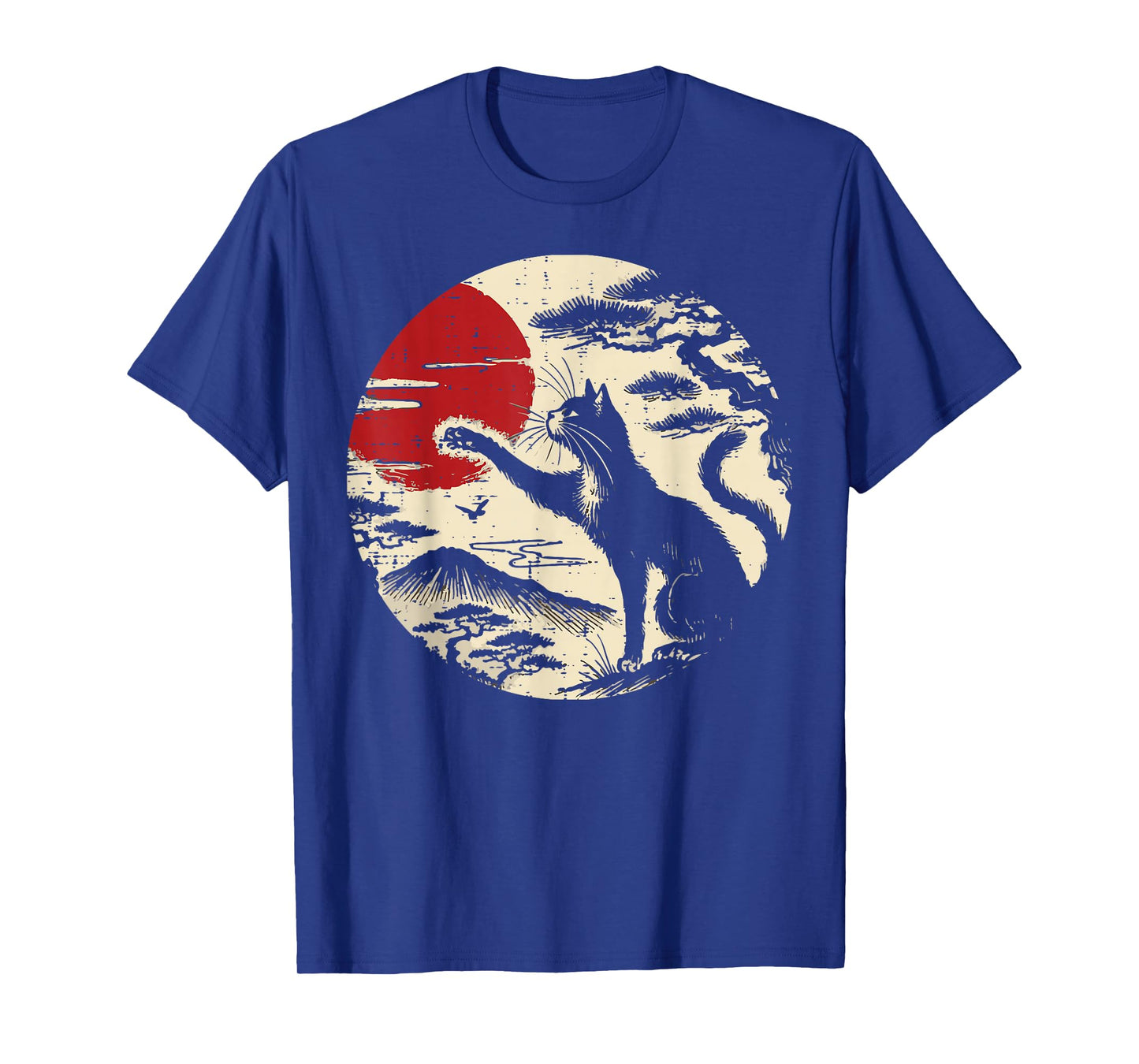 Japanese Cat Reaching Red Moon Vintage Art Men Women Kids T-Shirt