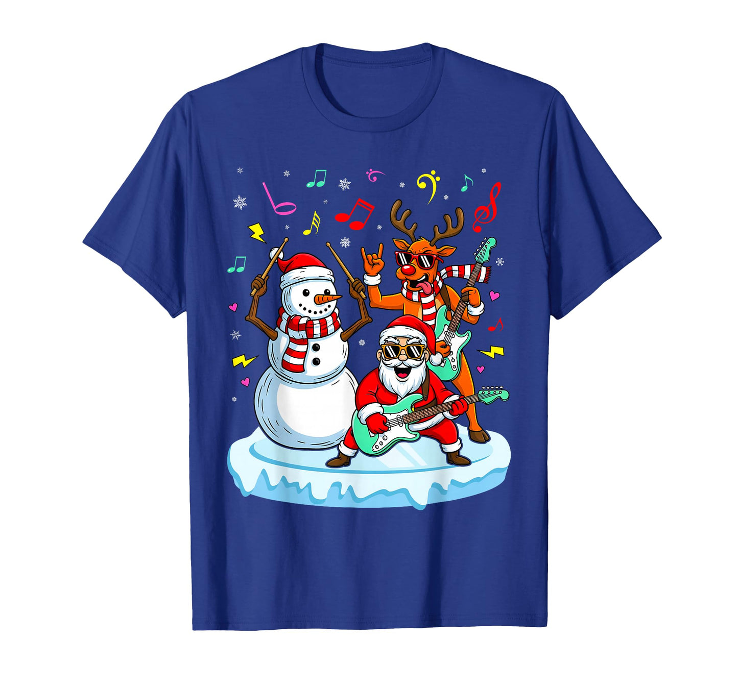Guitar Player Santa Snowman Reindeer Christmas Pajama Music T-Shirt