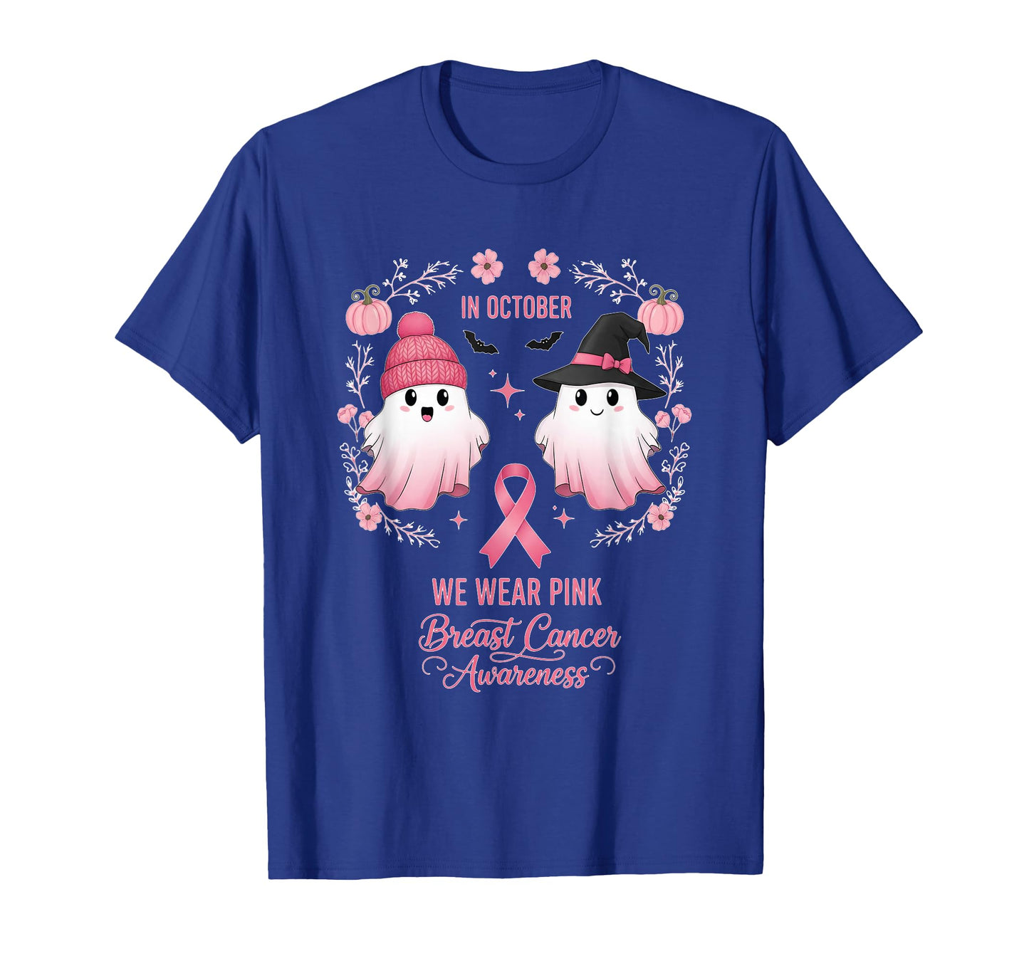 in October We Wear Pink Ghost Witch Breast Cancer Awareness T-Shirt