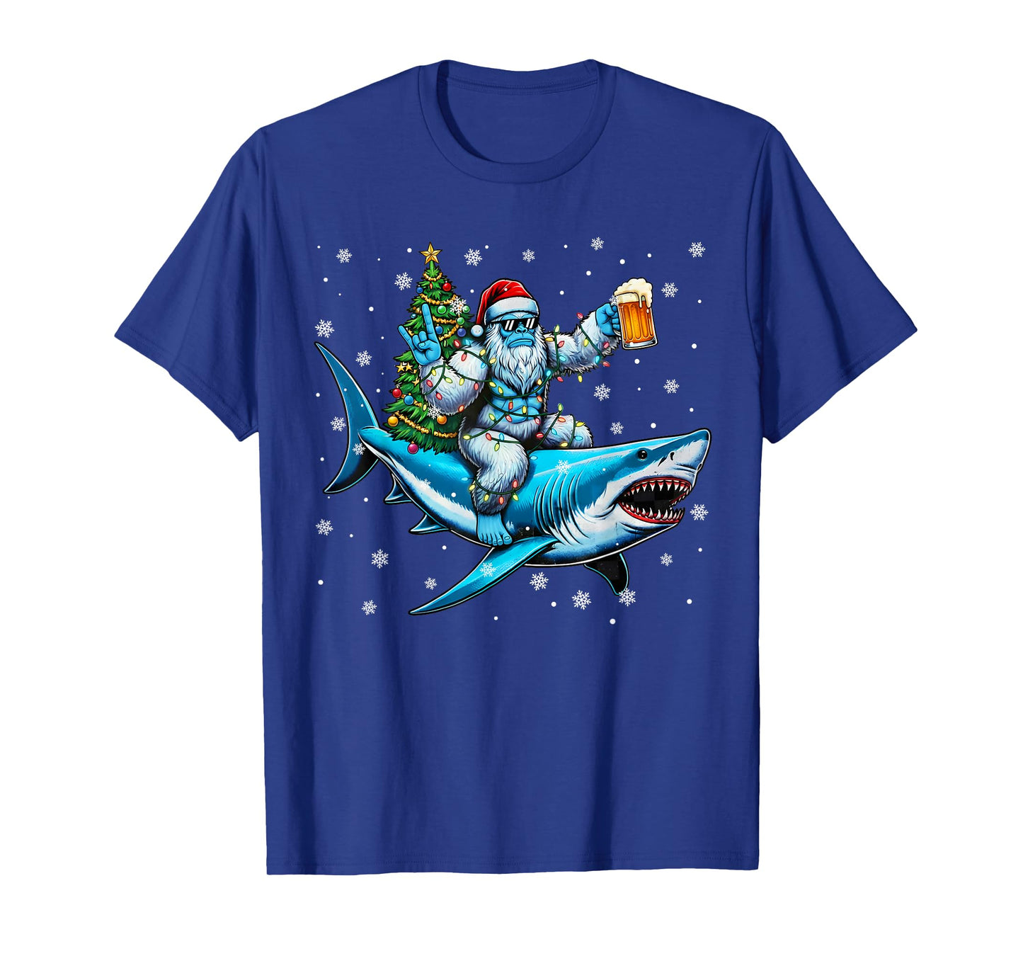 Funny Vintage Yeti Rock On Shark Christmas Tree Men T-Shirt