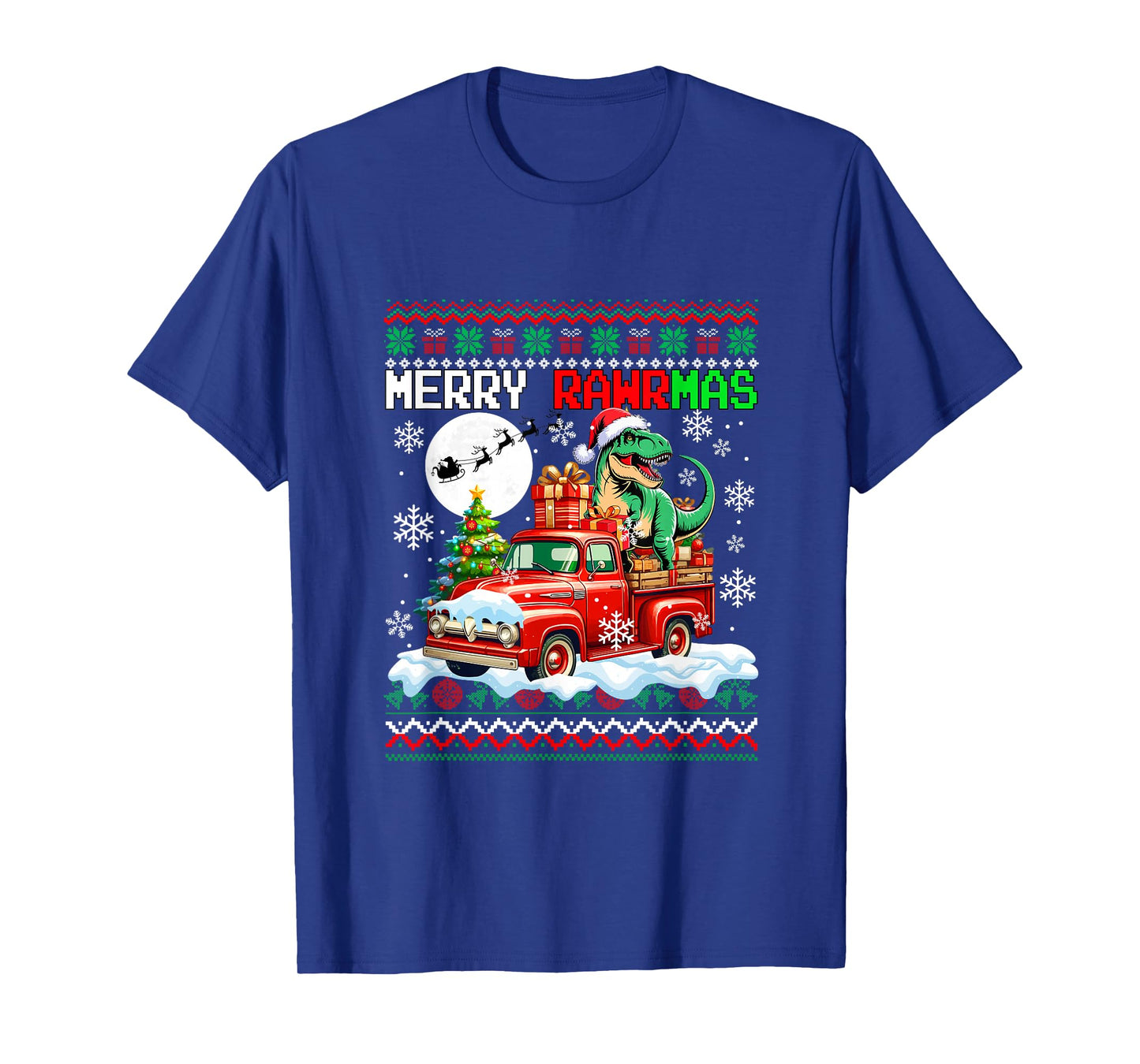 Merry Christmas Sweater Santa T-Rex On Pickup Truck T-Shirt
